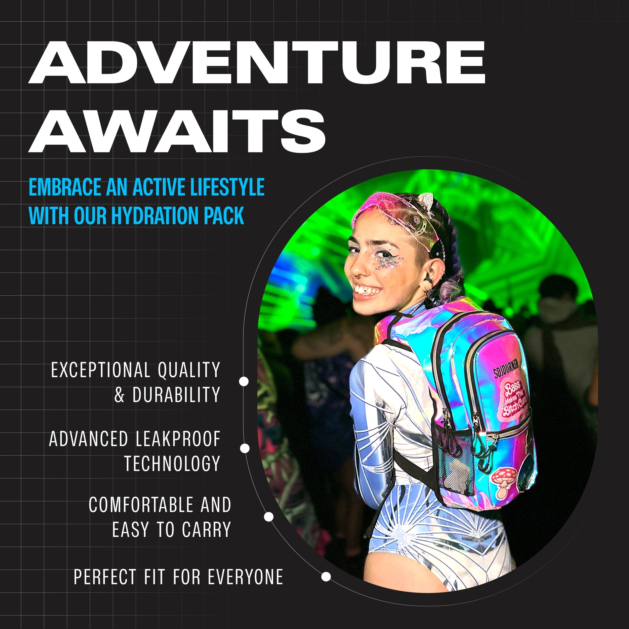 Person wearing a colorful hydration pack with promotional text about an active lifestyle.