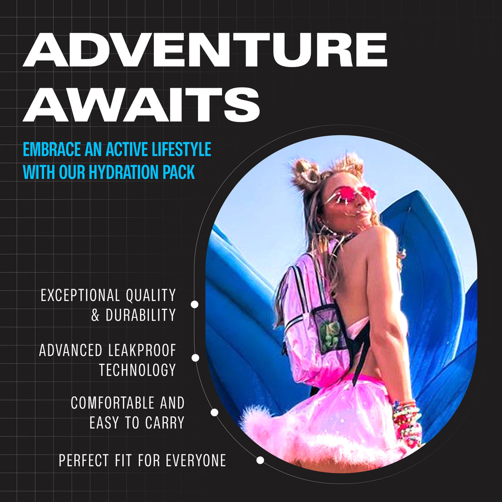 Person in a pink outfit with a hydration pack, surrounded by promotional text for an adventure-themed product.