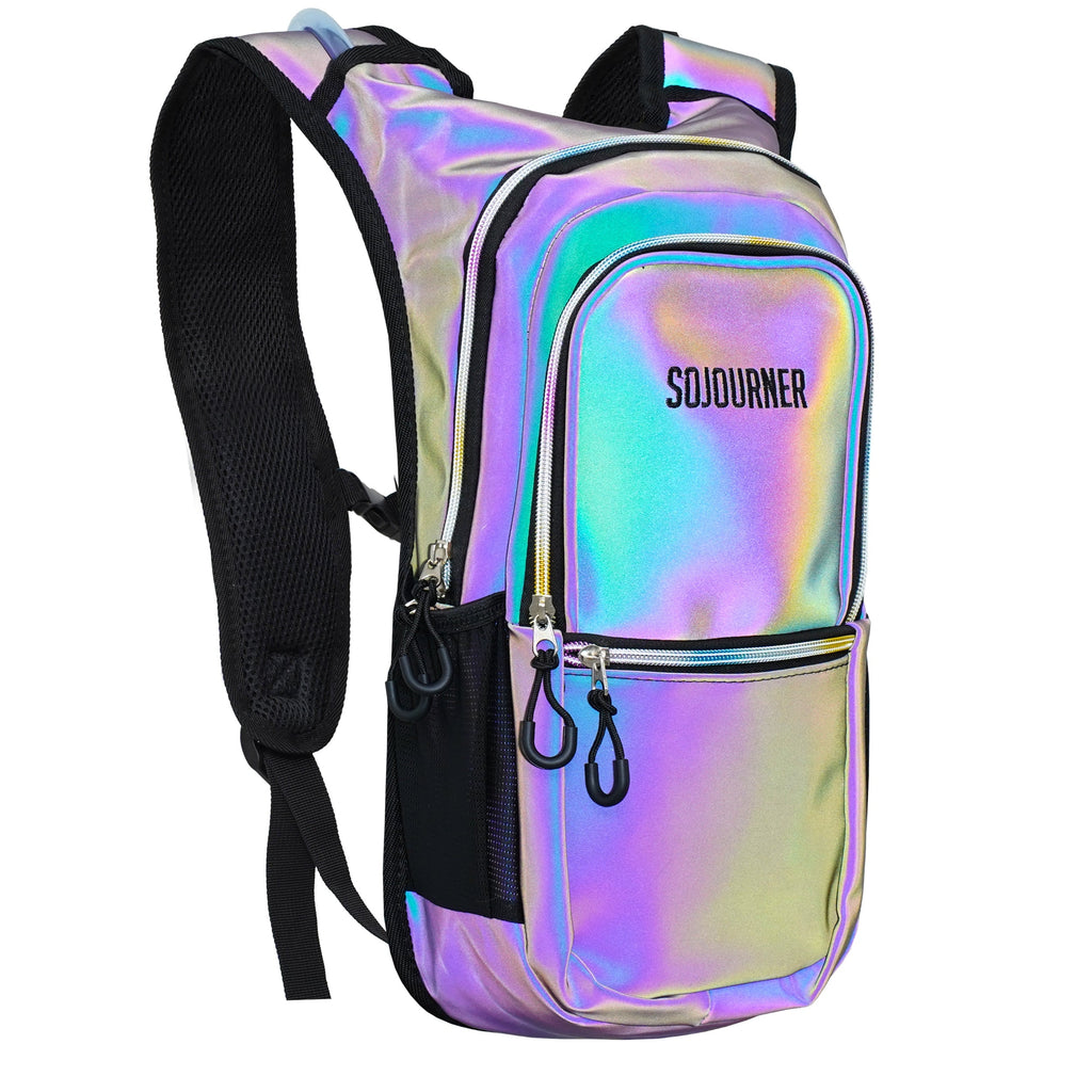 Holographic backpack with 'SOJOURNER' branding on a white background