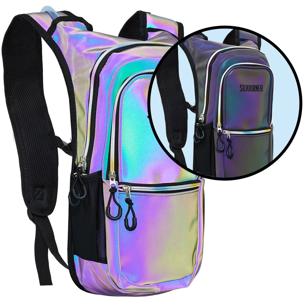 Holographic backpack with a close-up of the brand name on a white background