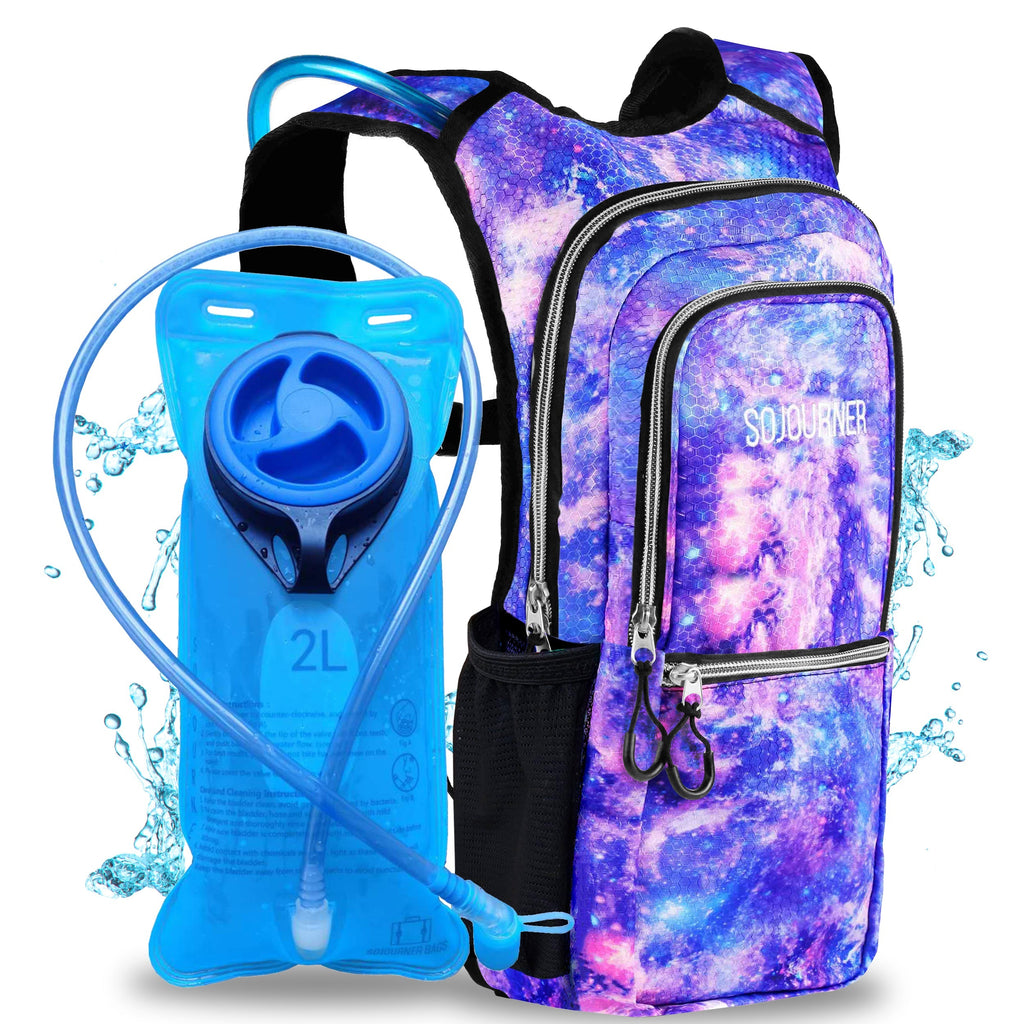 Hydration backpack with a blue water bladder on a white background