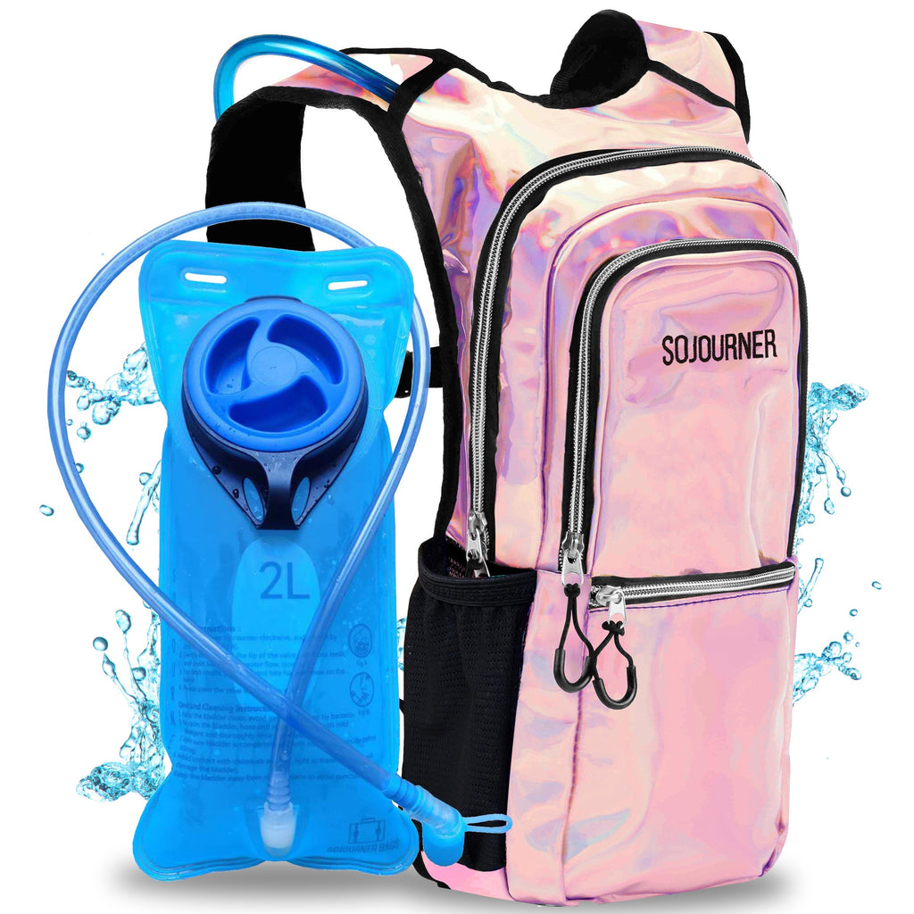 Pink iridescent hydration backpack with blue water bladder on a white background