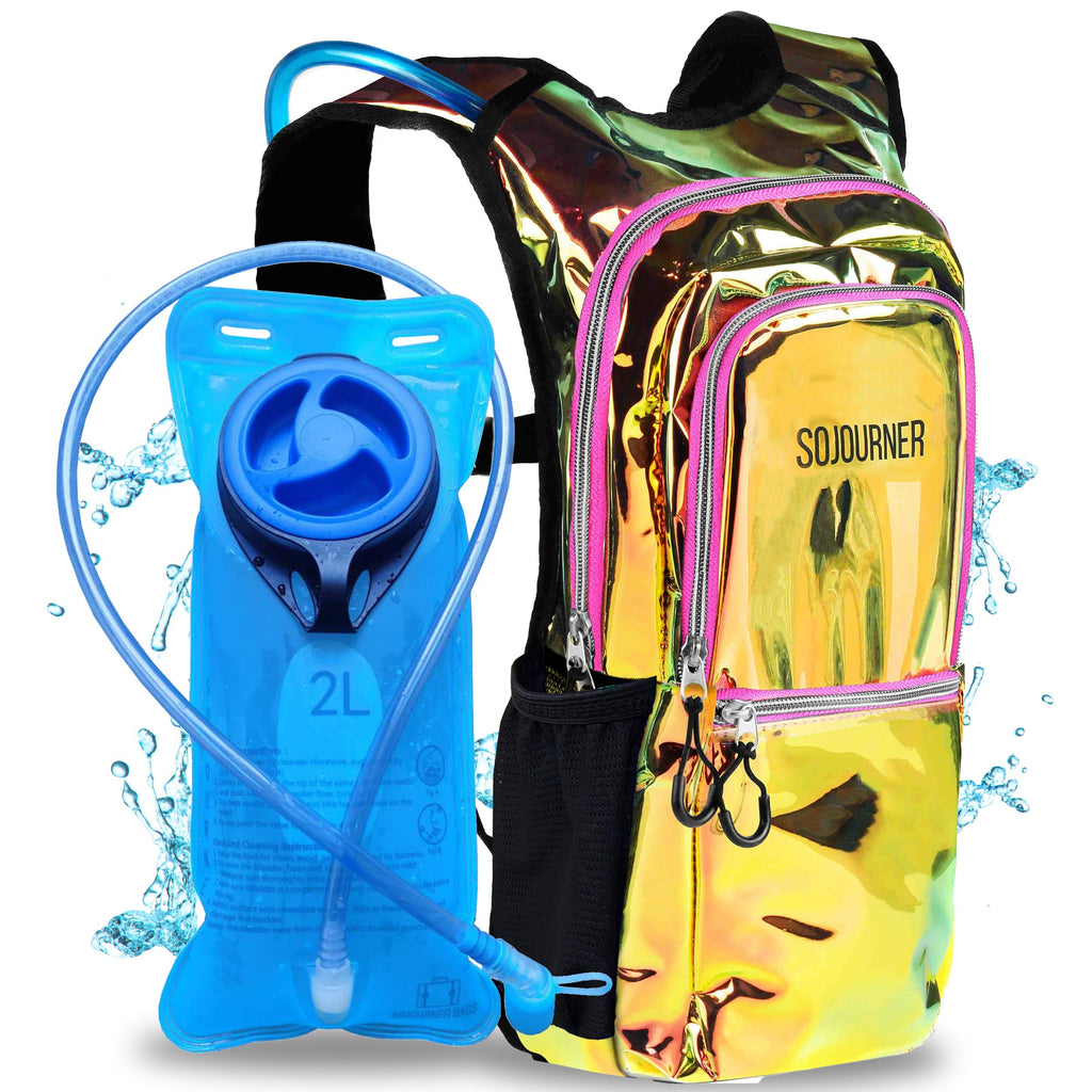 Reflective hydration backpack with water bladder on a white background