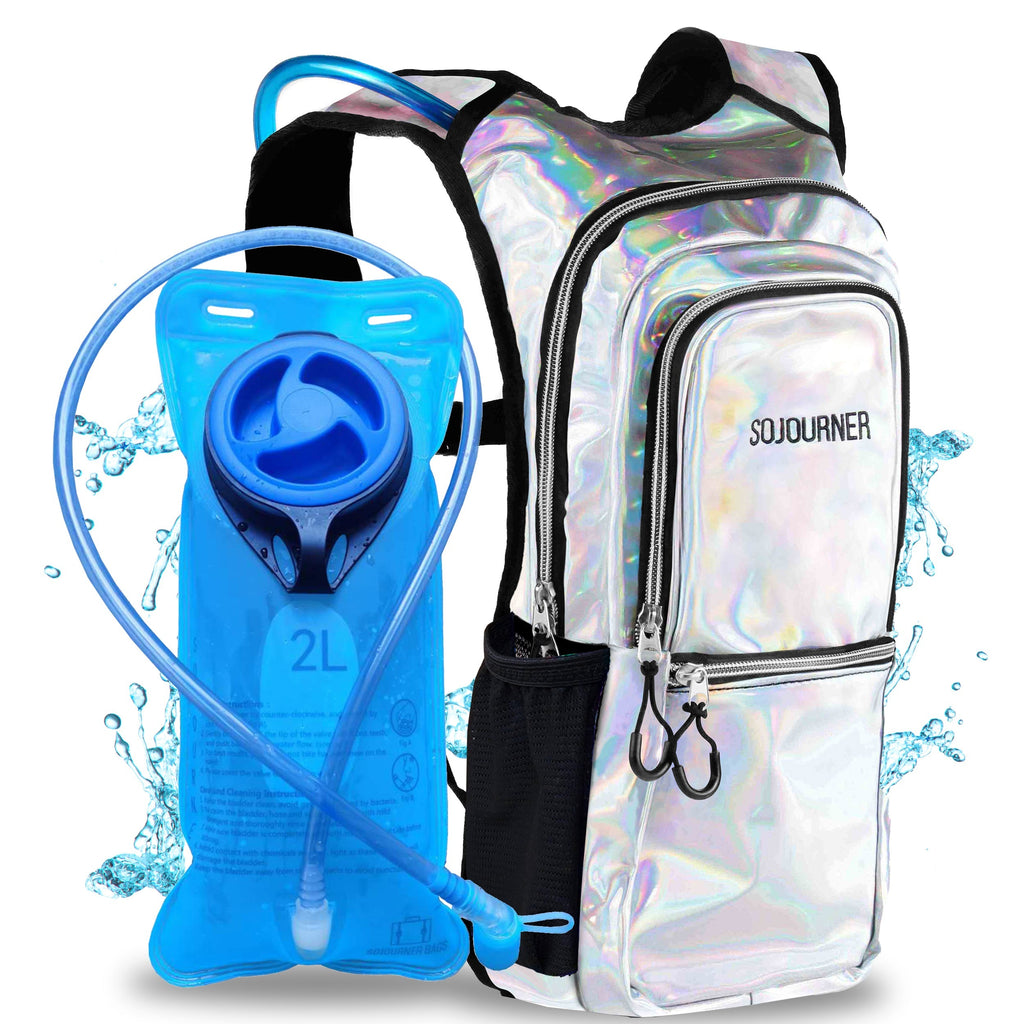 Holographic hydration backpack with blue water bladder on a white background