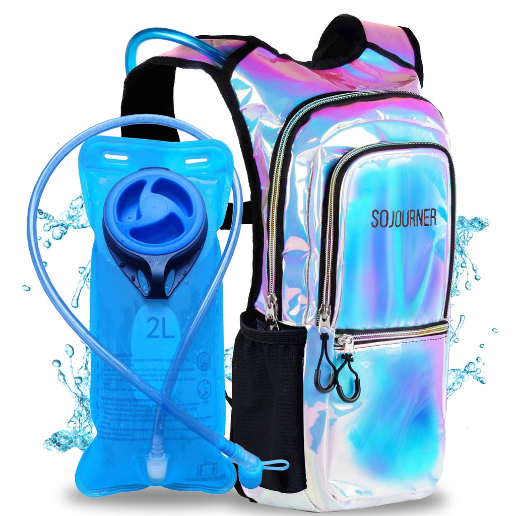 Iridescent hydration backpack with blue water bladder on a white background