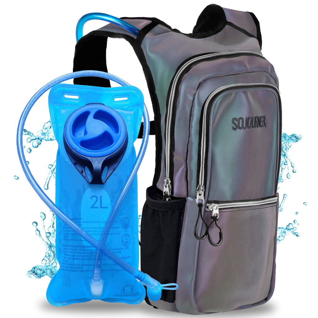Gray hydration backpack with a blue water bladder on a white background