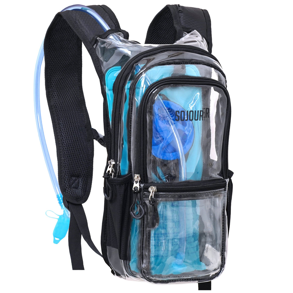 Clear hydration backpack with blue water bottles and 'SOJOURN' branding on a white background