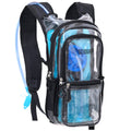 Clear hydration backpack with blue water bottles and 'SOJOURN' branding on a white background