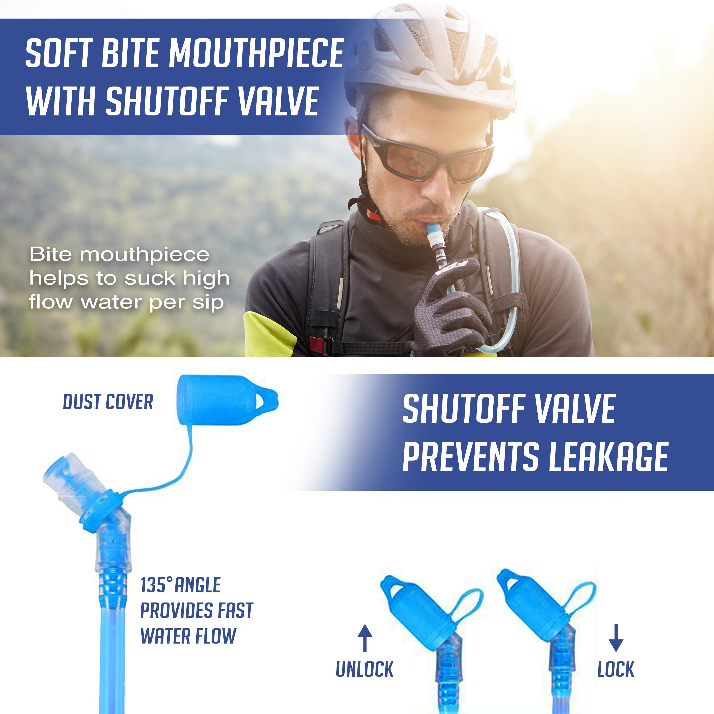 Person wearing a helmet and sunglasses, using a water bottle with a soft bite mouthpiece and shutoff valve in an outdoor setting.