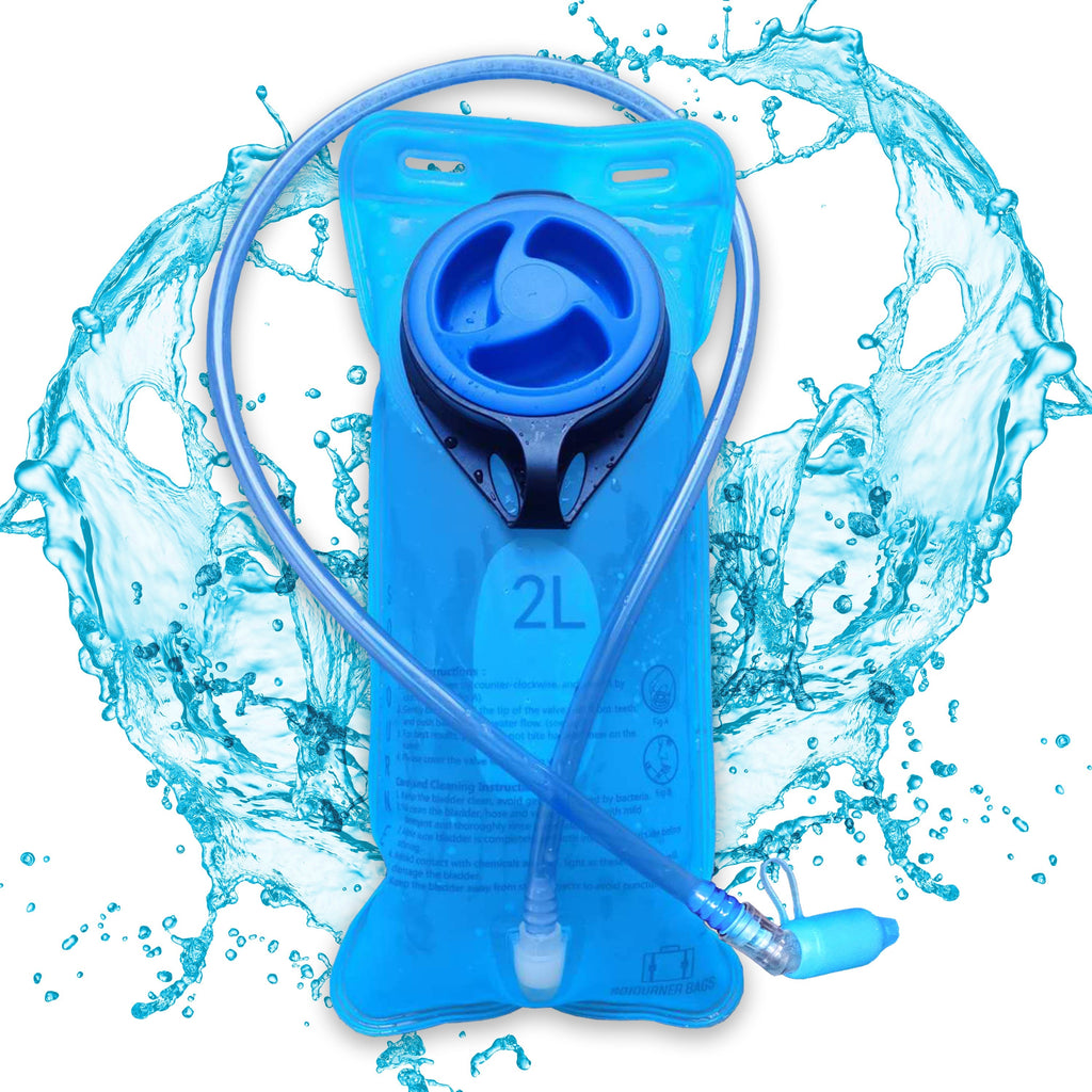 Blue hydration bladder with water splashes on a white background