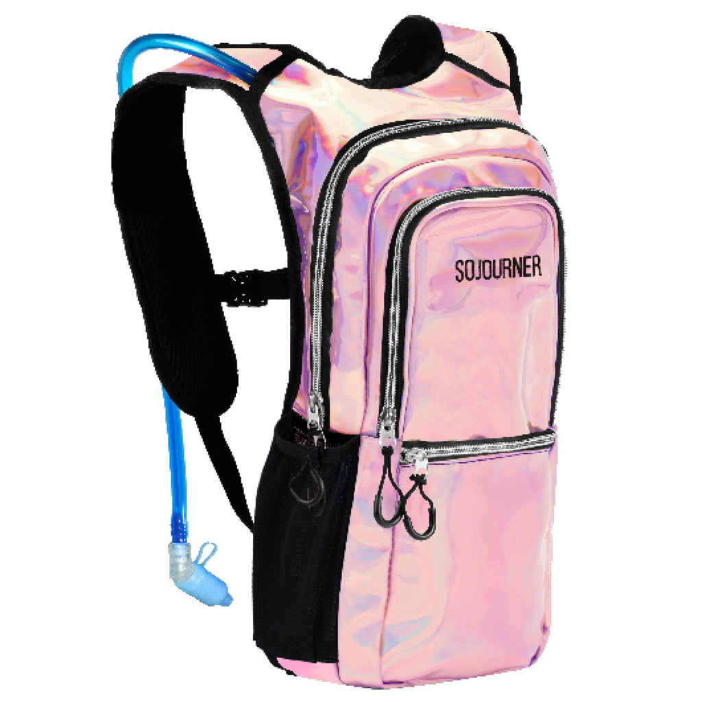 Pink and black hydration backpack with water bottle on a white background