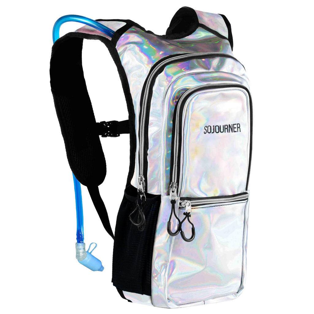 Holographic hydration backpack with a blue water bottle on a white background