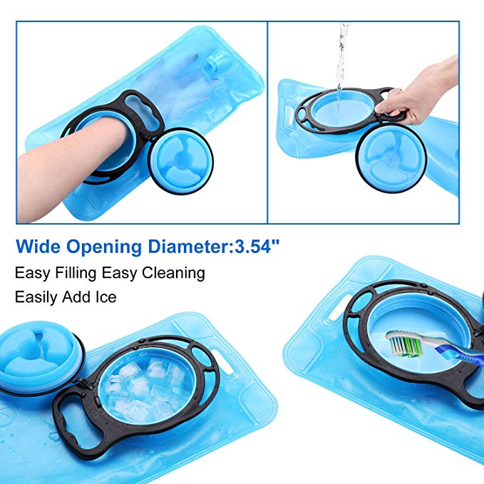 Blue ice cube tray with black handles and a wide opening diameter of 3.54 inches, shown with a hand adding ice and a toothbrush.