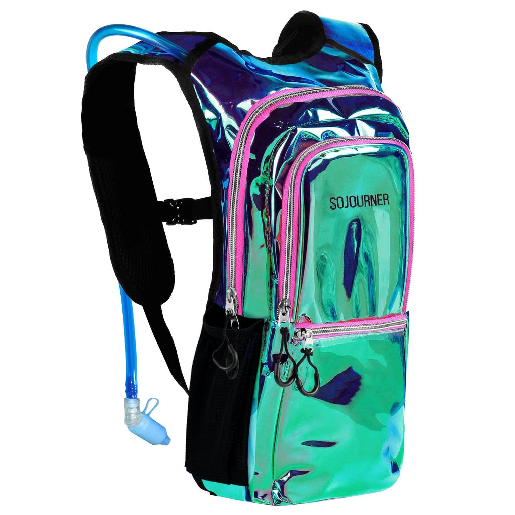 Shiny blue and green backpack with a water bottle on a white background