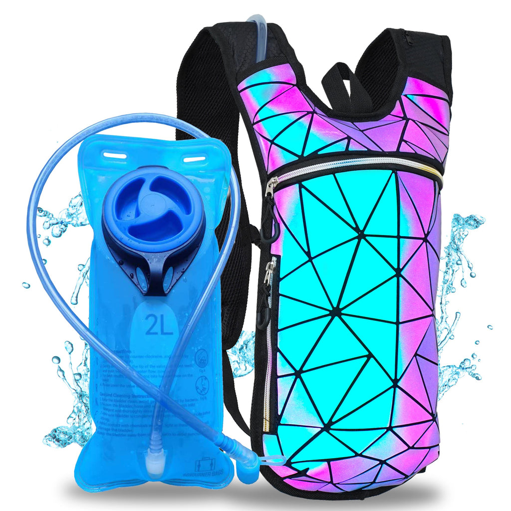 Hydration backpack with colorful geometric pattern and blue water bladder on a white background