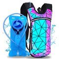 Hydration backpack with colorful geometric pattern and blue water bladder on a white background
