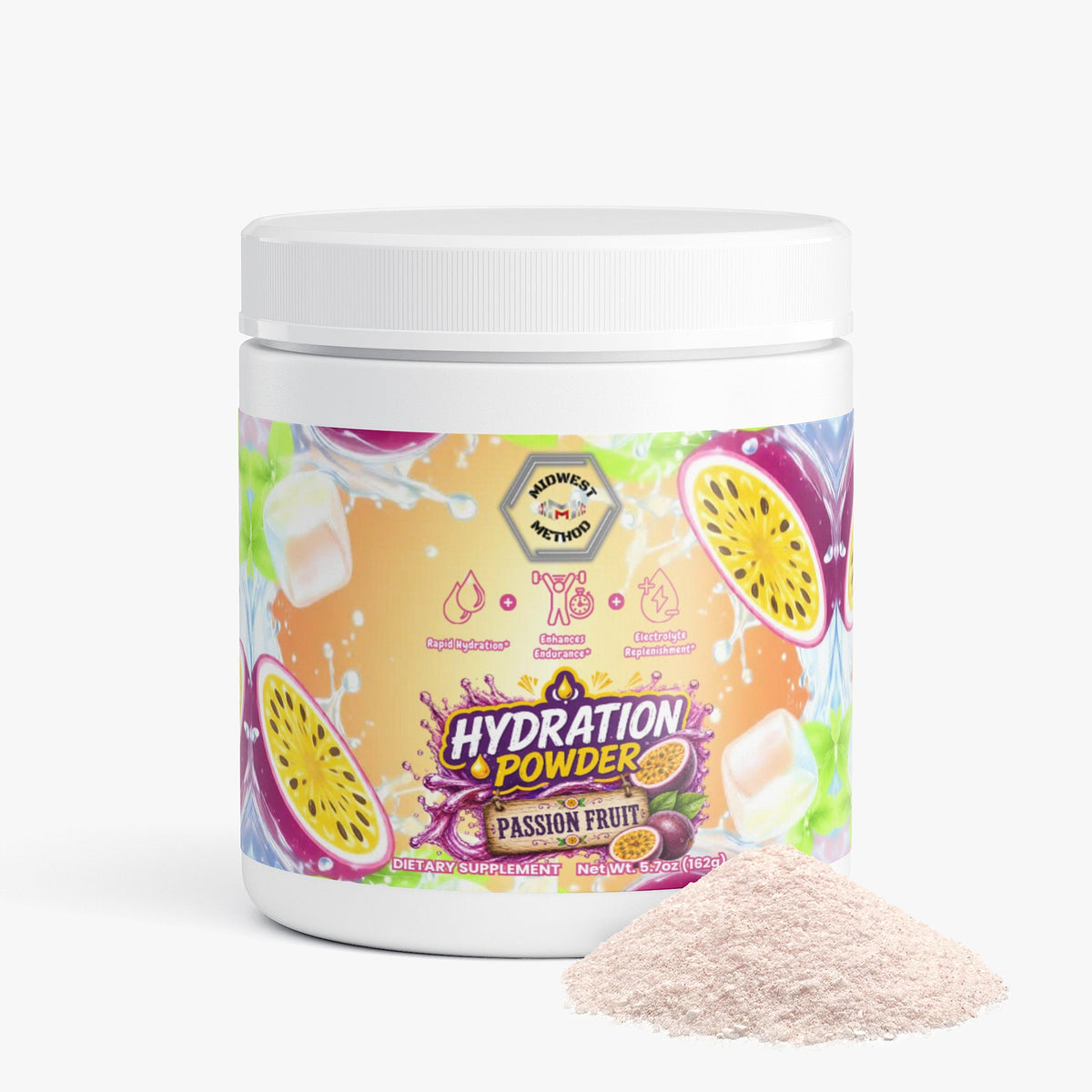 A white plastic tub of Midway Nutrition Hydration Powder in Passion Fruit flavor, shown with a small pile of the light pink powder in front of it on a clean white background.