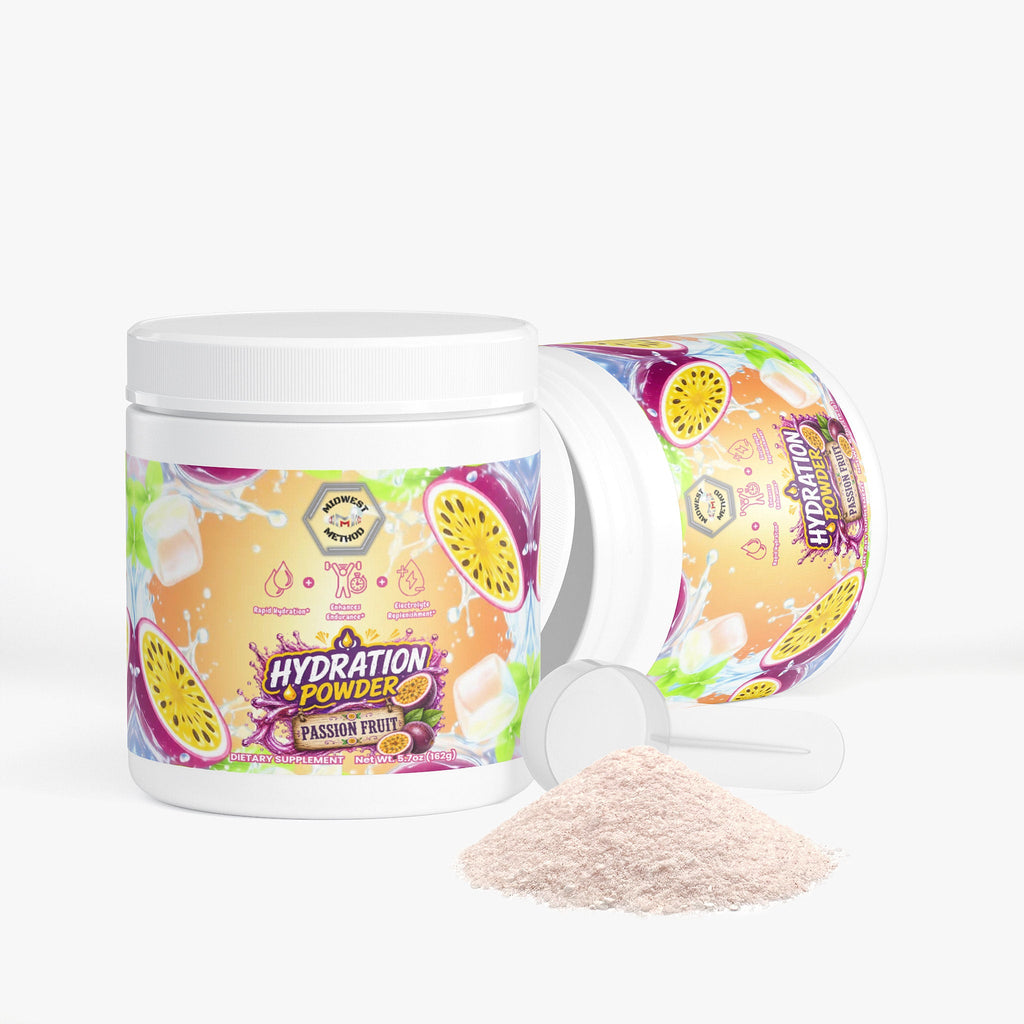 Hydration powder container with colorful label and scoop on a white background