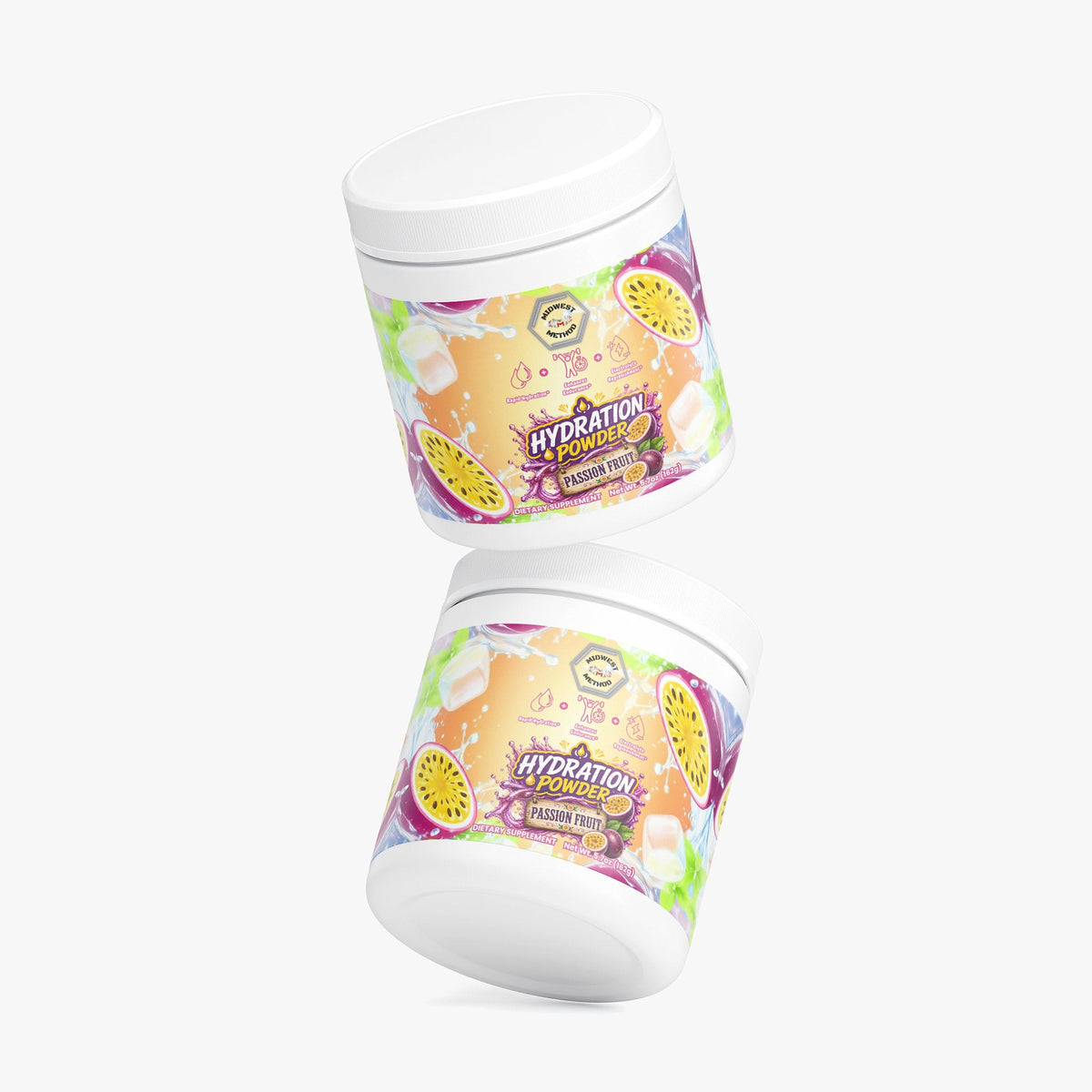 Two containers of 'Hydration Powder' with colorful labels on a white background