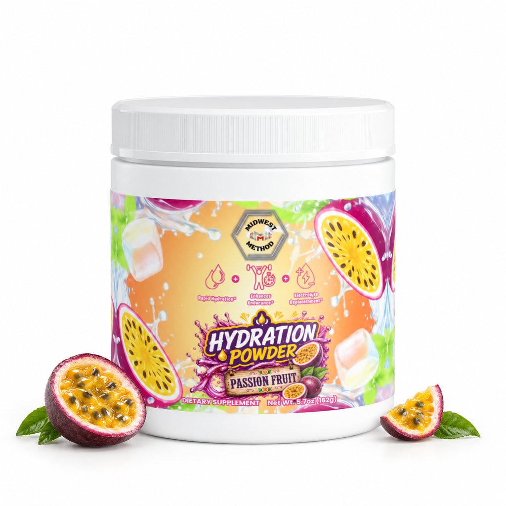 A white plastic tub of Midway Nutrition Hydration Powder in Passion Fruit flavor, shown on a white background with sliced passion fruit and green leaves placed in front of the container.