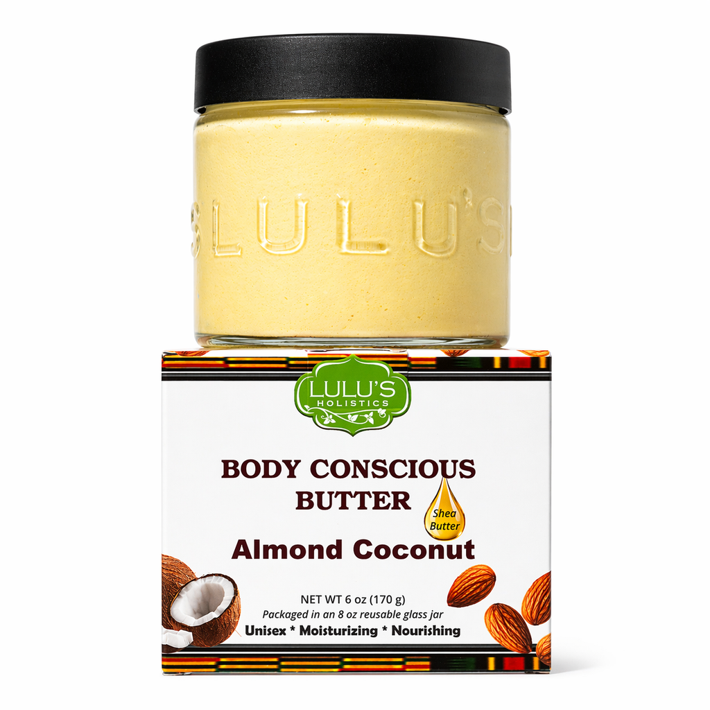 Lulu's Holistic Almond Coconut Body Conscious Butter jar and packaging on a white background