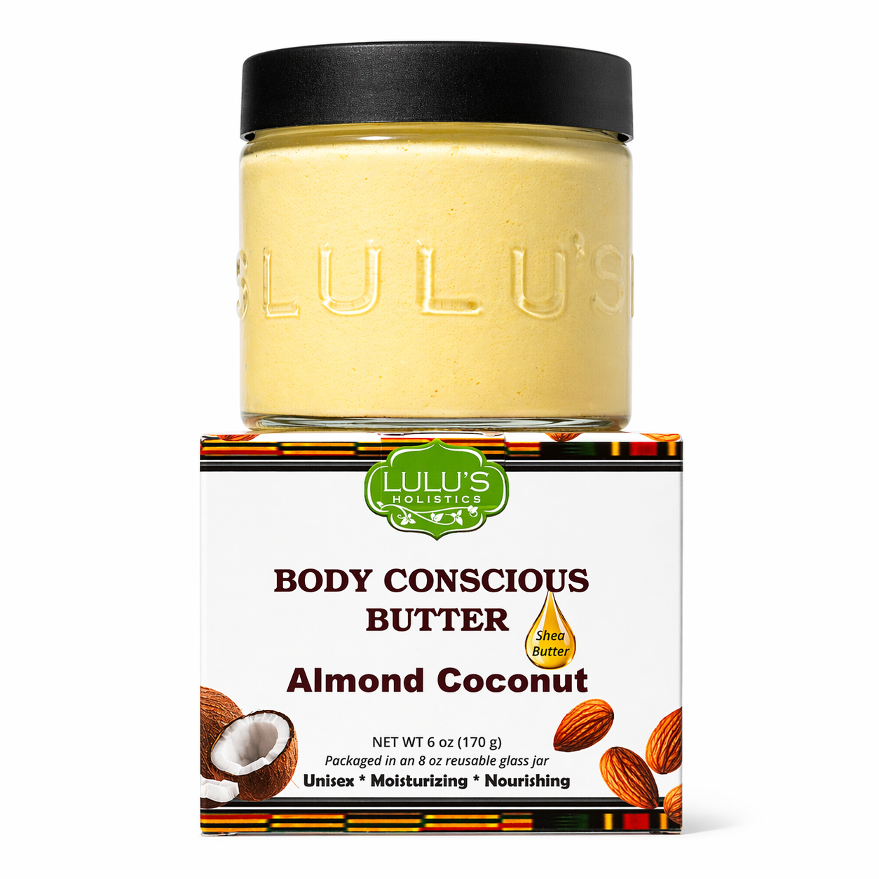 Lulu's Holistic Almond Coconut Body Conscious Butter jar and packaging on a white background