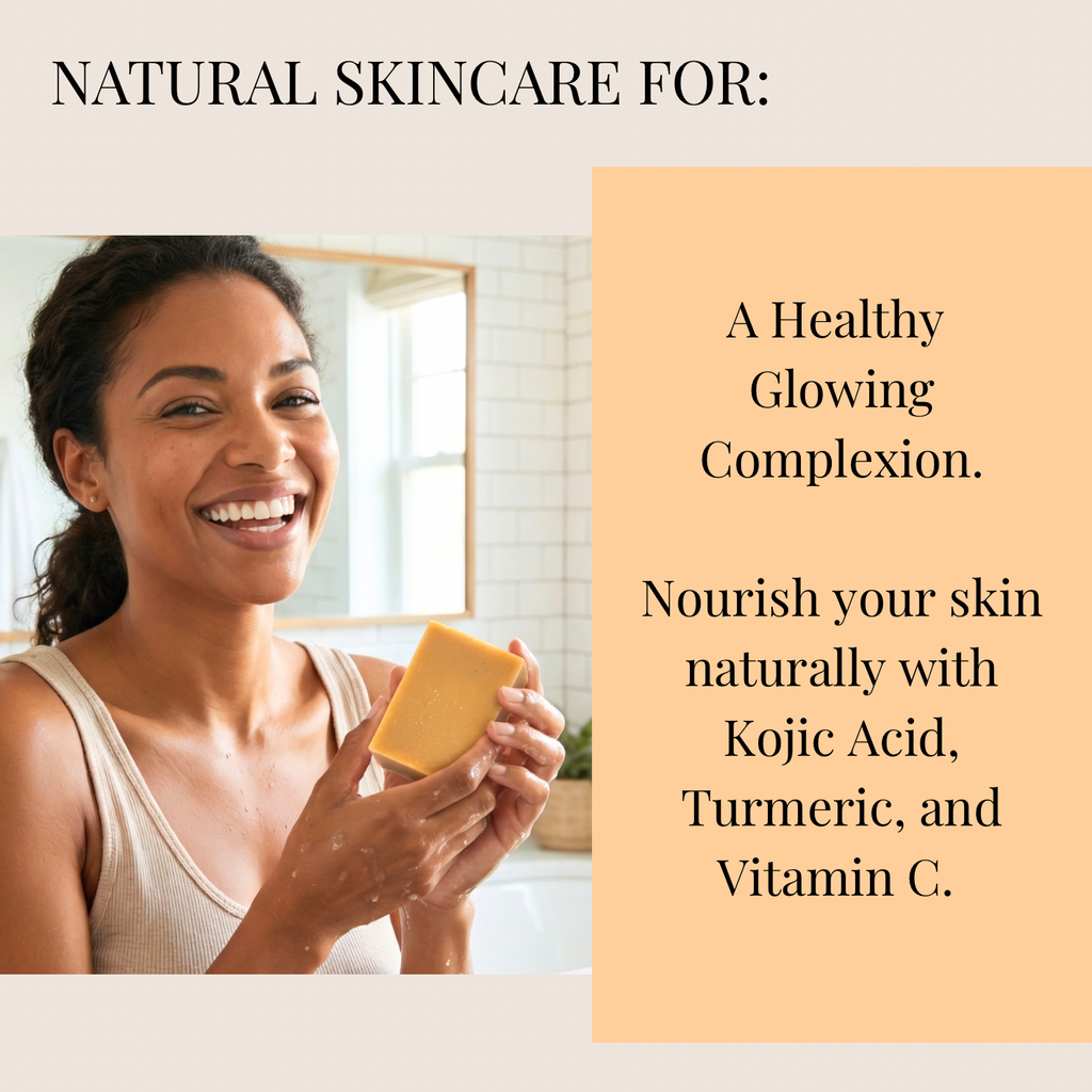 Woman applying cream with text about natural skincare ingredients.