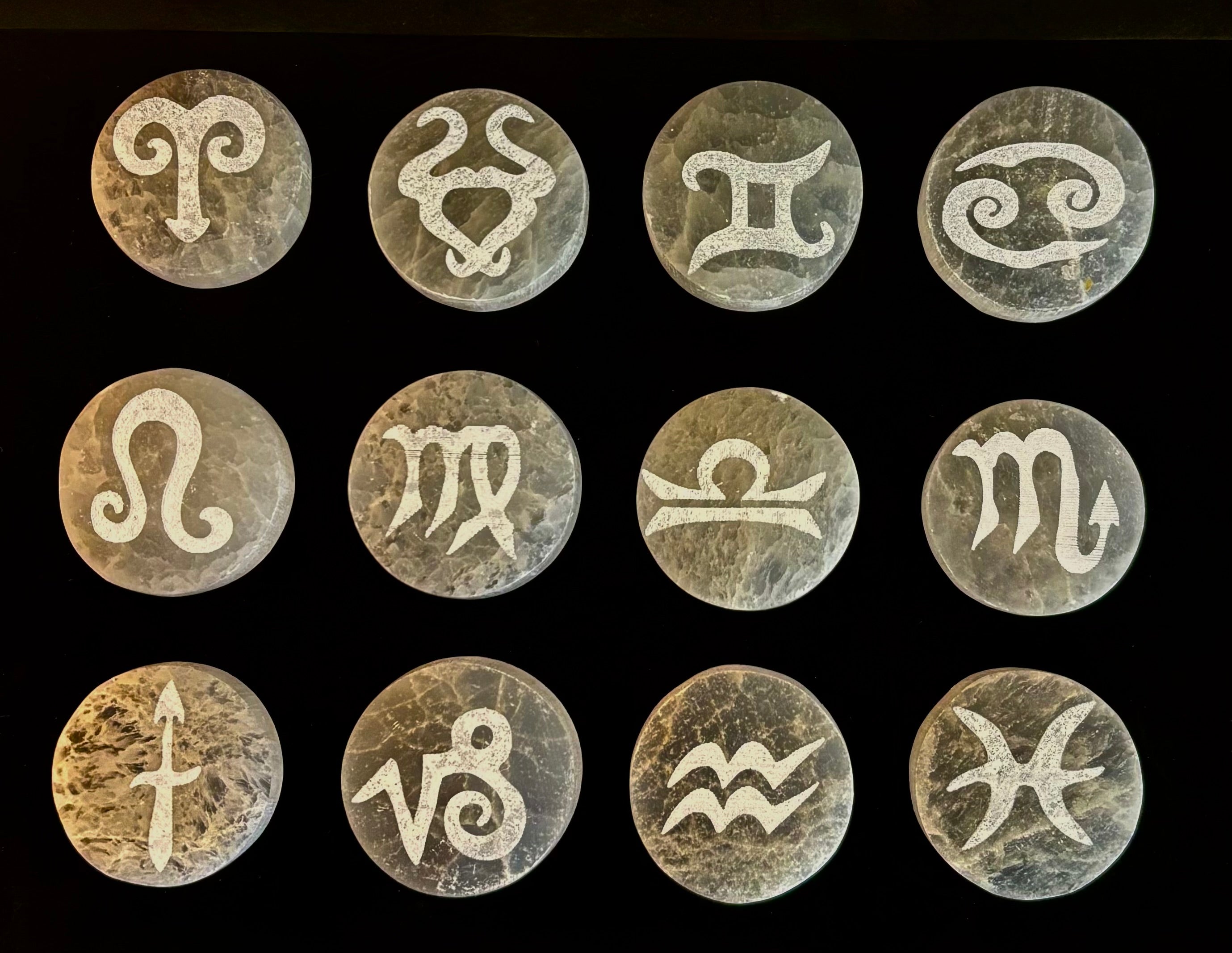 Zodiac Selenite Cleansing Coin – Crystal Cleansing & Astrology Energy Disc