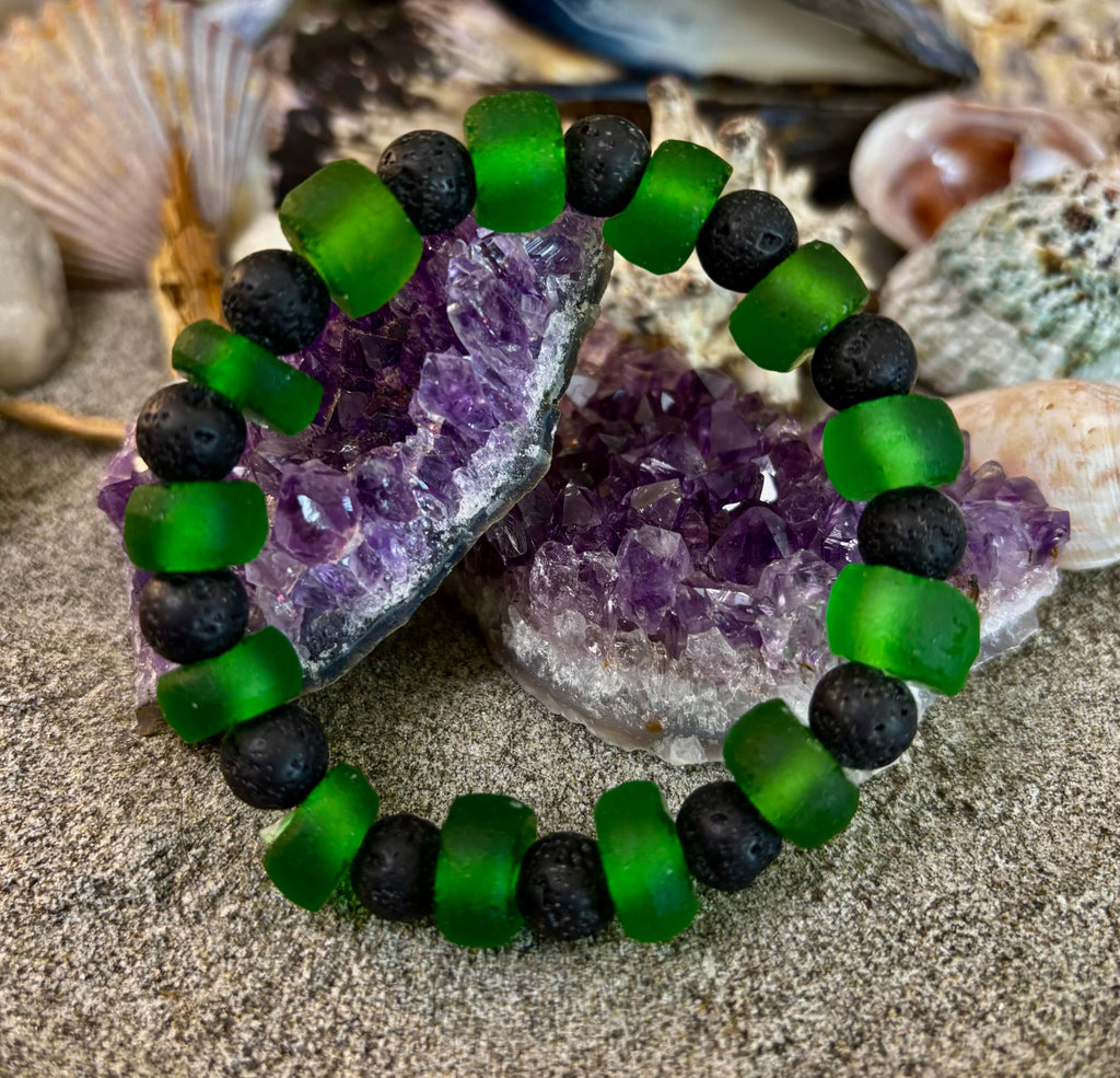 Deep Green Serenity - Recycled Glass & Lava Stone Stretch Bracelet