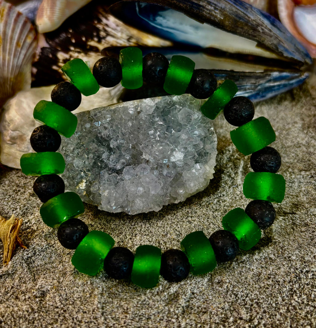 Deep Green Serenity - Recycled Glass & Lava Stone Stretch Bracelet