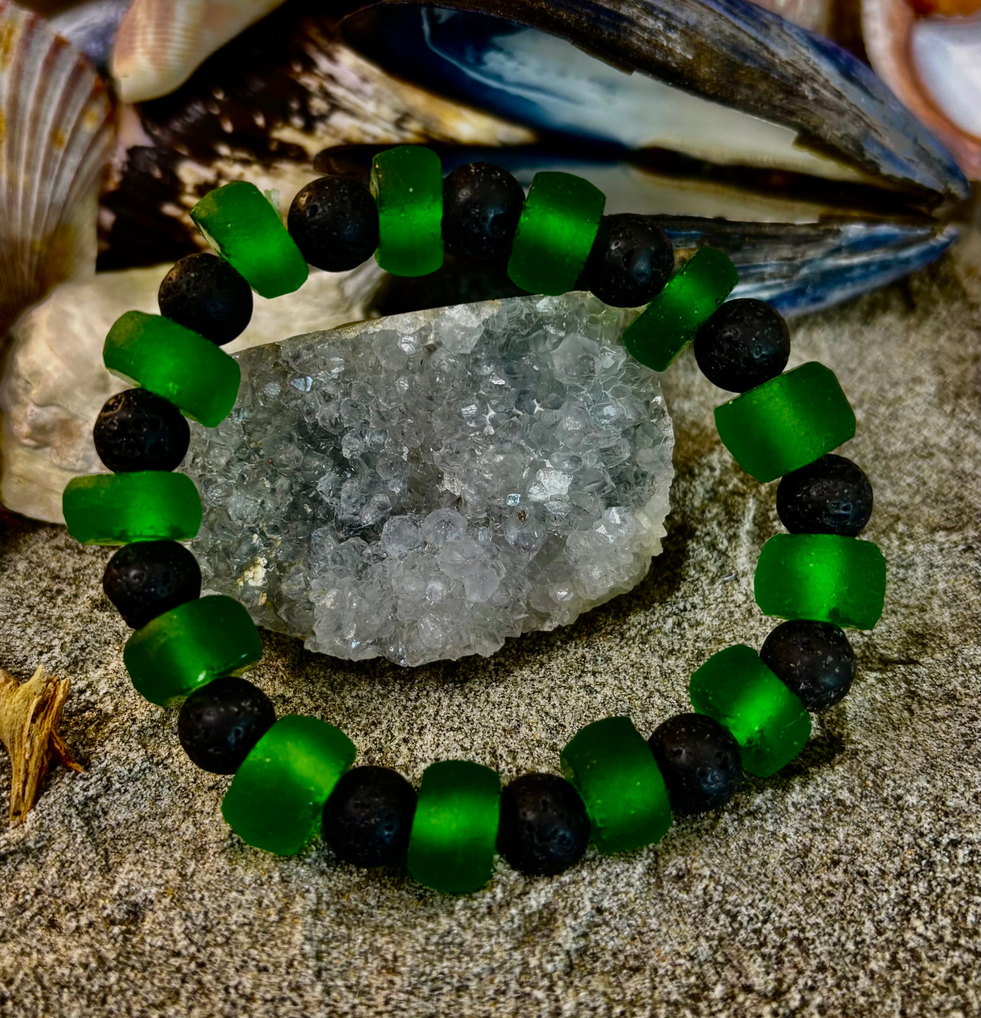 Deep Green Serenity - Recycled Glass & Lava Stone Stretch Bracelet