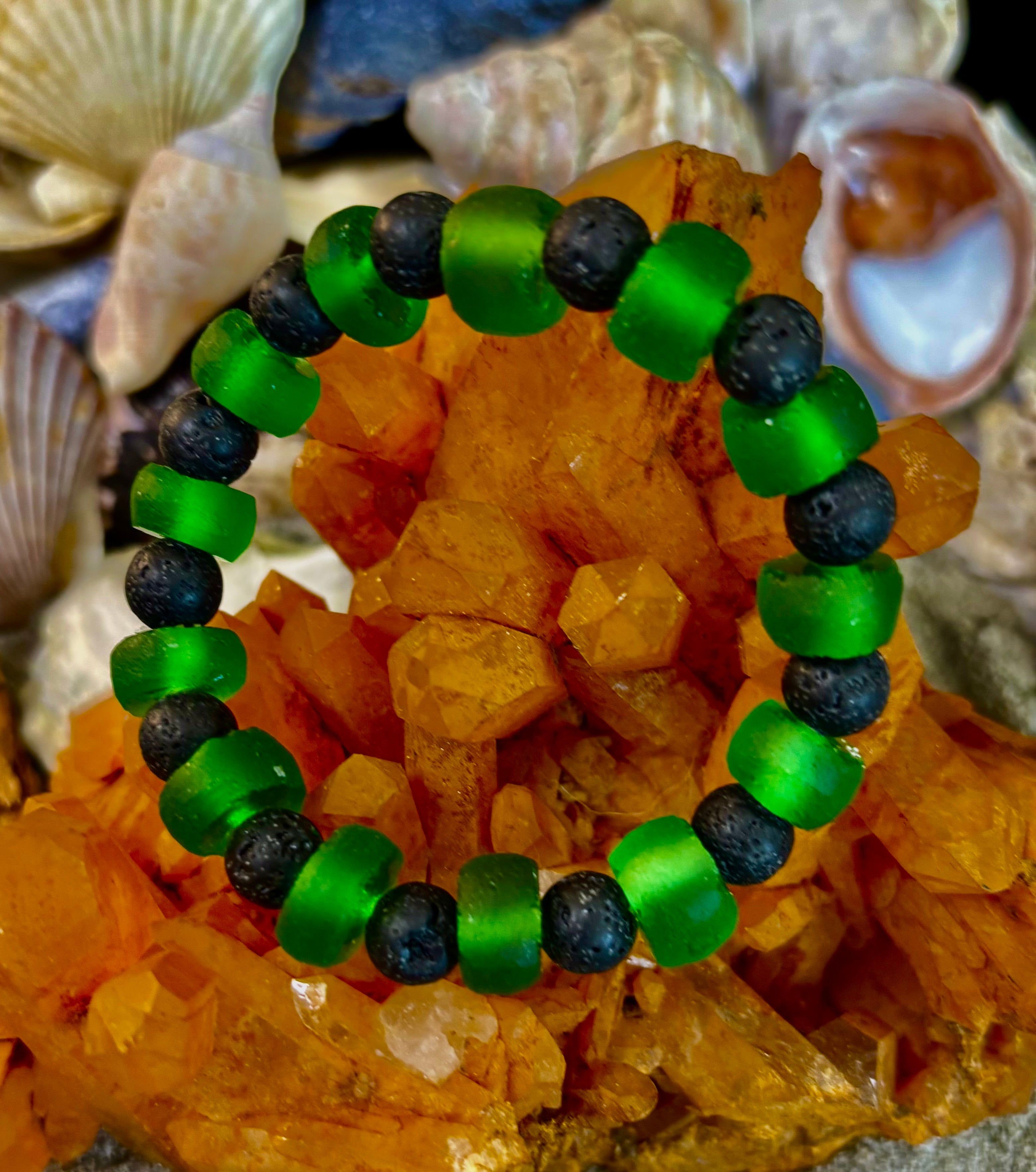 Deep Green Serenity - Recycled Glass & Lava Stone Stretch Bracelet