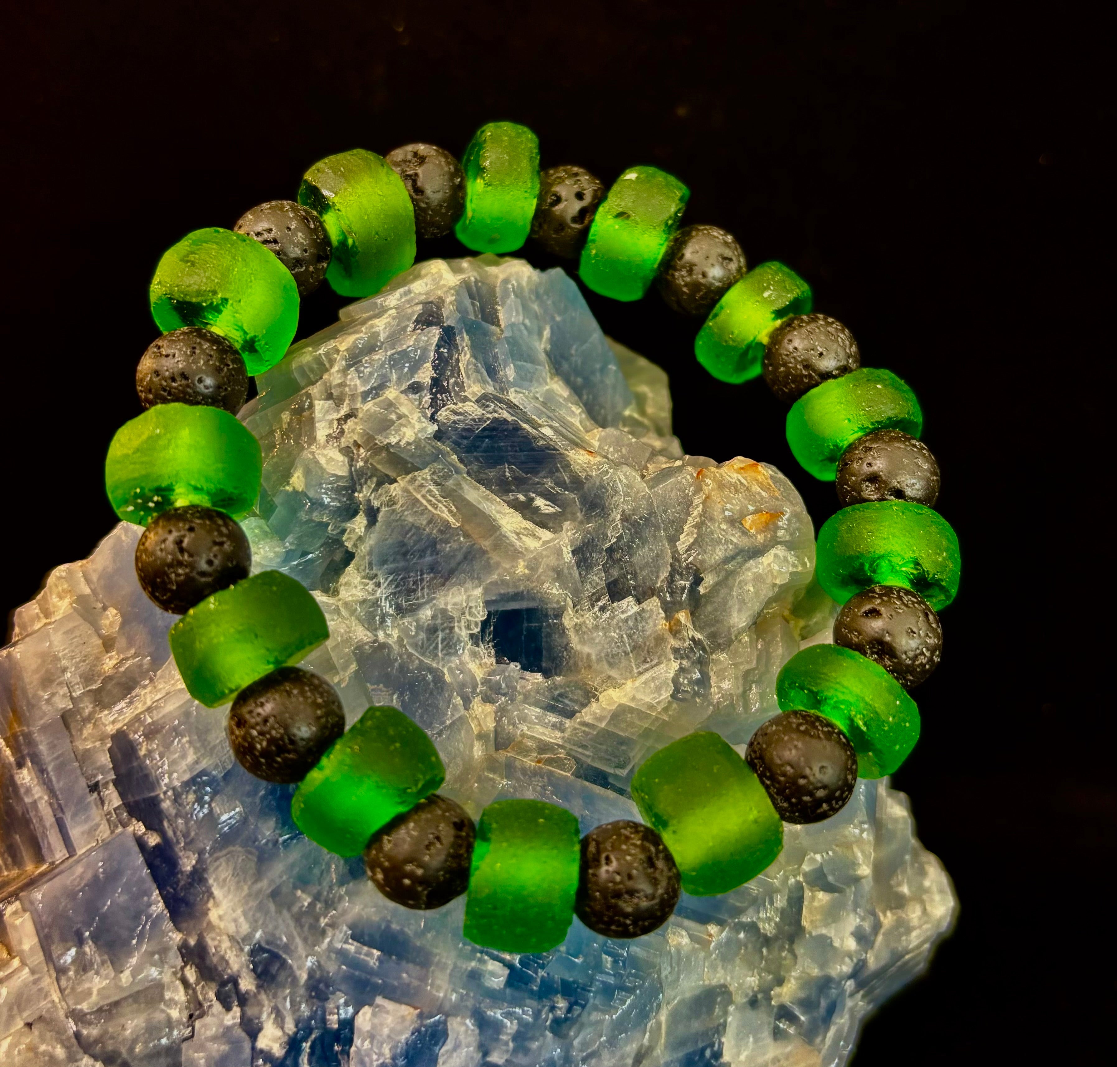 Deep Green Serenity - Recycled Glass & Lava Stone Stretch Bracelet
