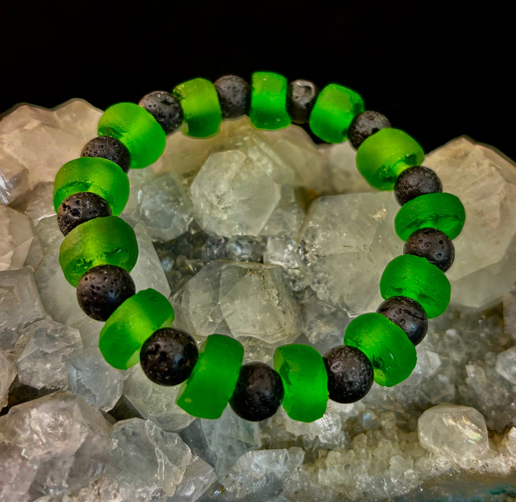 Deep Green Serenity - Recycled Glass & Lava Stone Stretch Bracelet