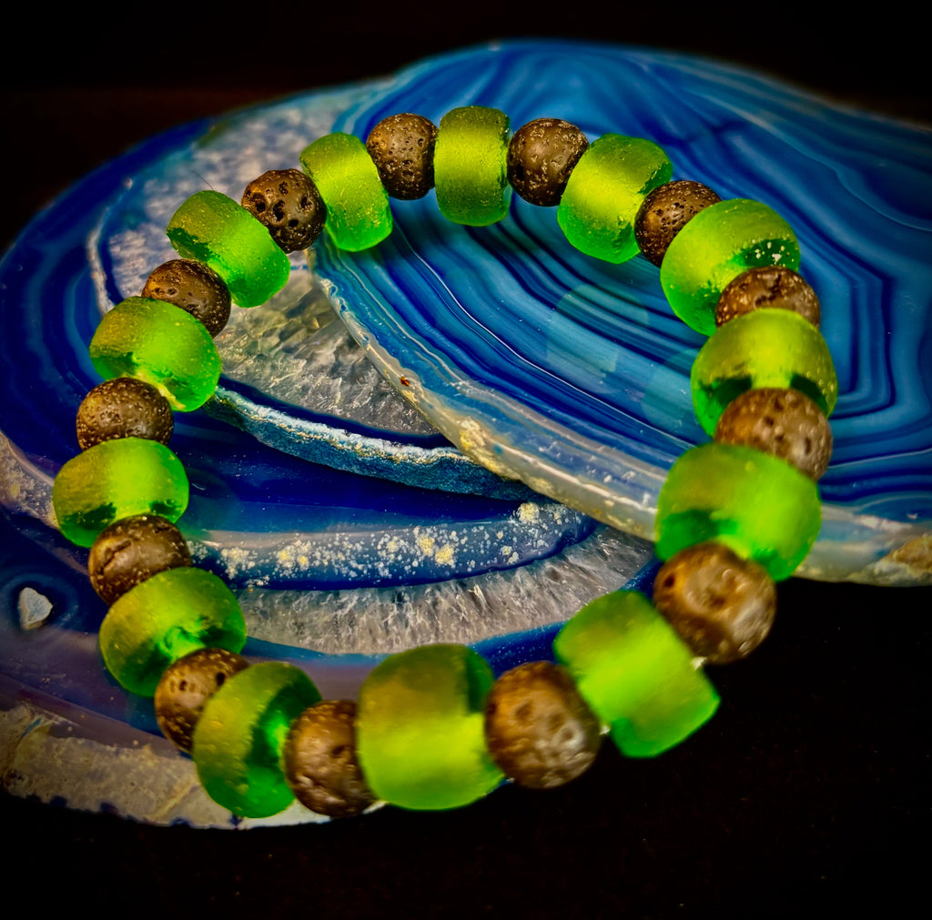 Deep Green Serenity - Recycled Glass & Lava Stone Stretch Bracelet