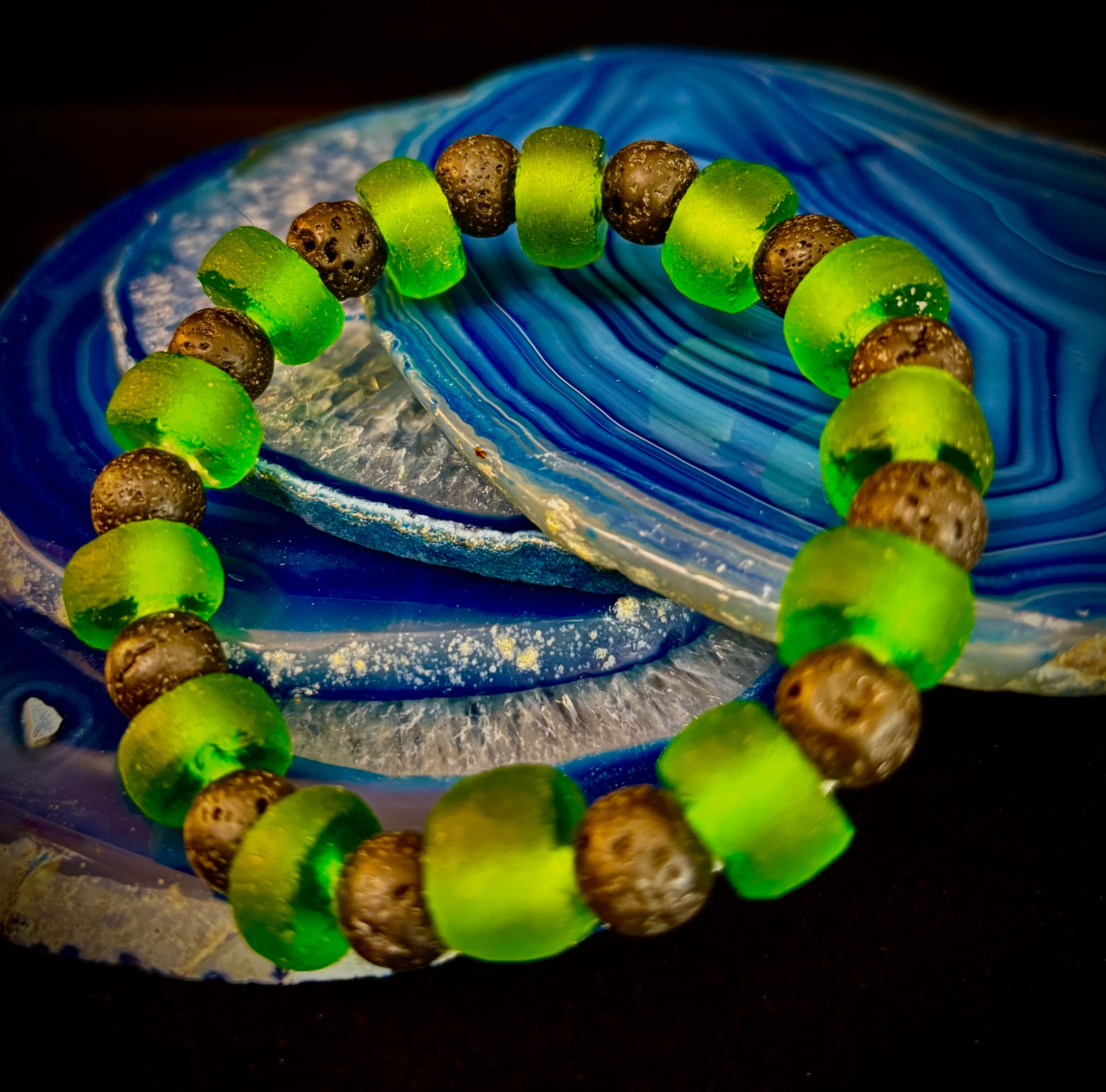 Deep Green Serenity - Recycled Glass & Lava Stone Stretch Bracelet
