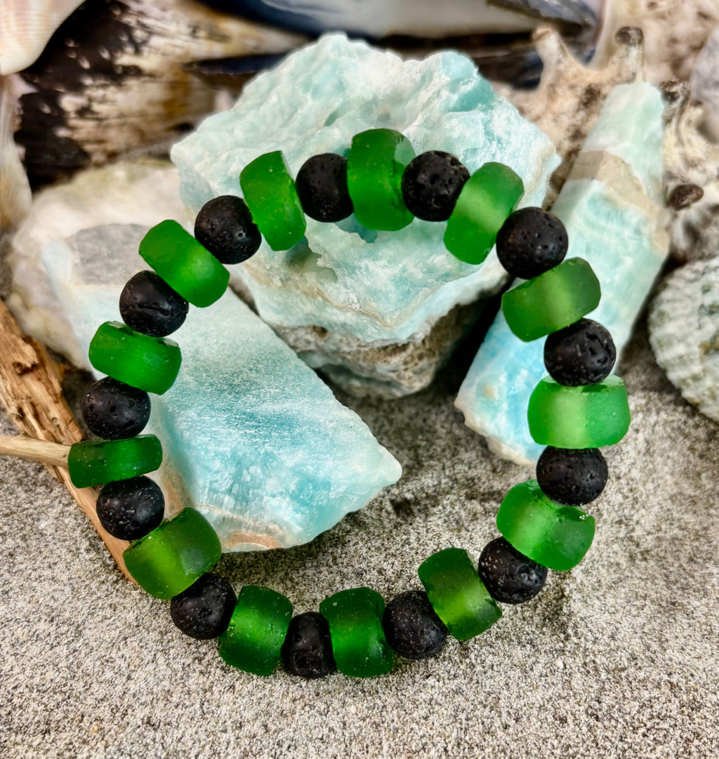Deep Green Serenity - Recycled Glass & Lava Stone Stretch Bracelet