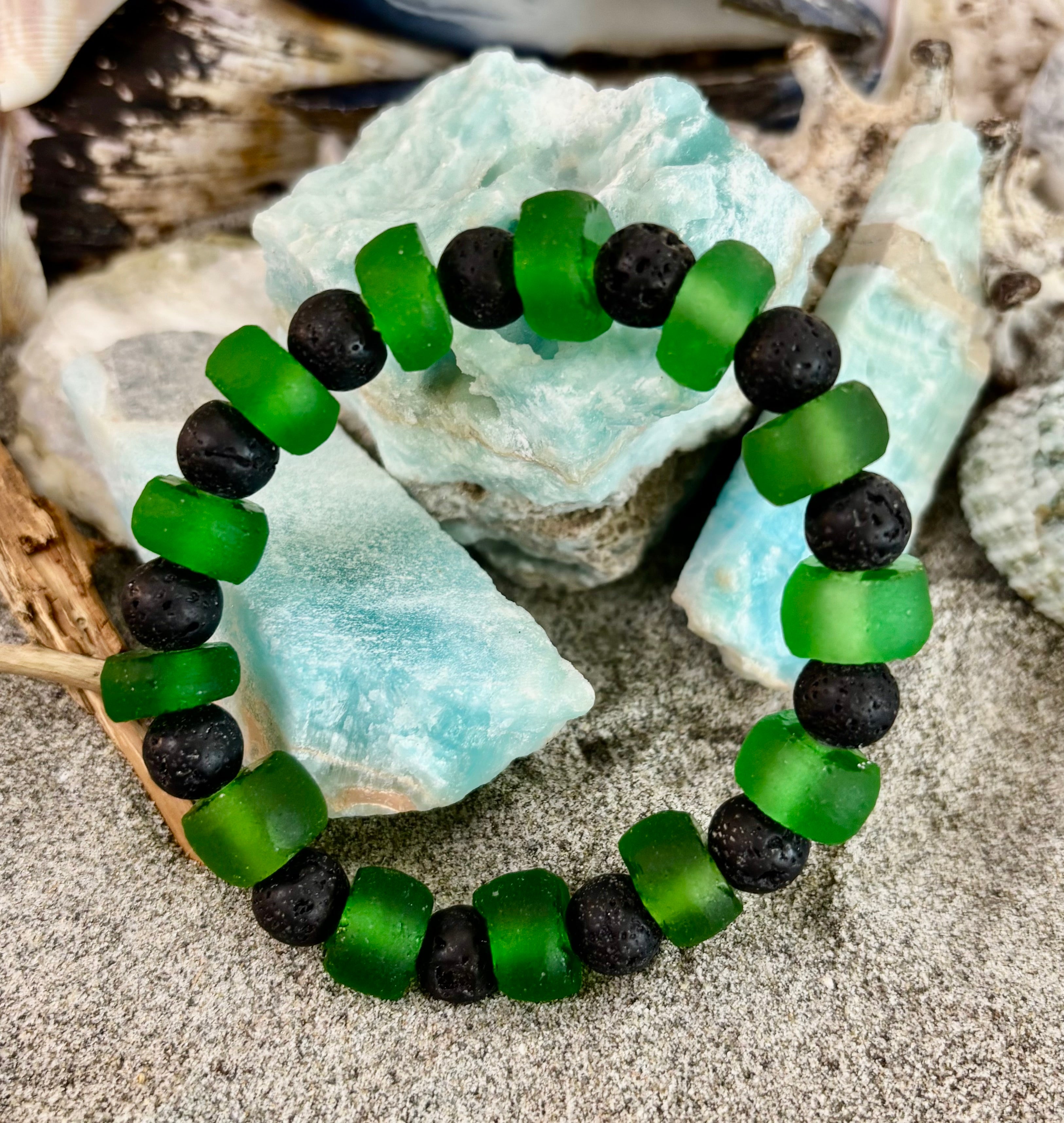 Deep Green Serenity - Recycled Glass & Lava Stone Stretch Bracelet