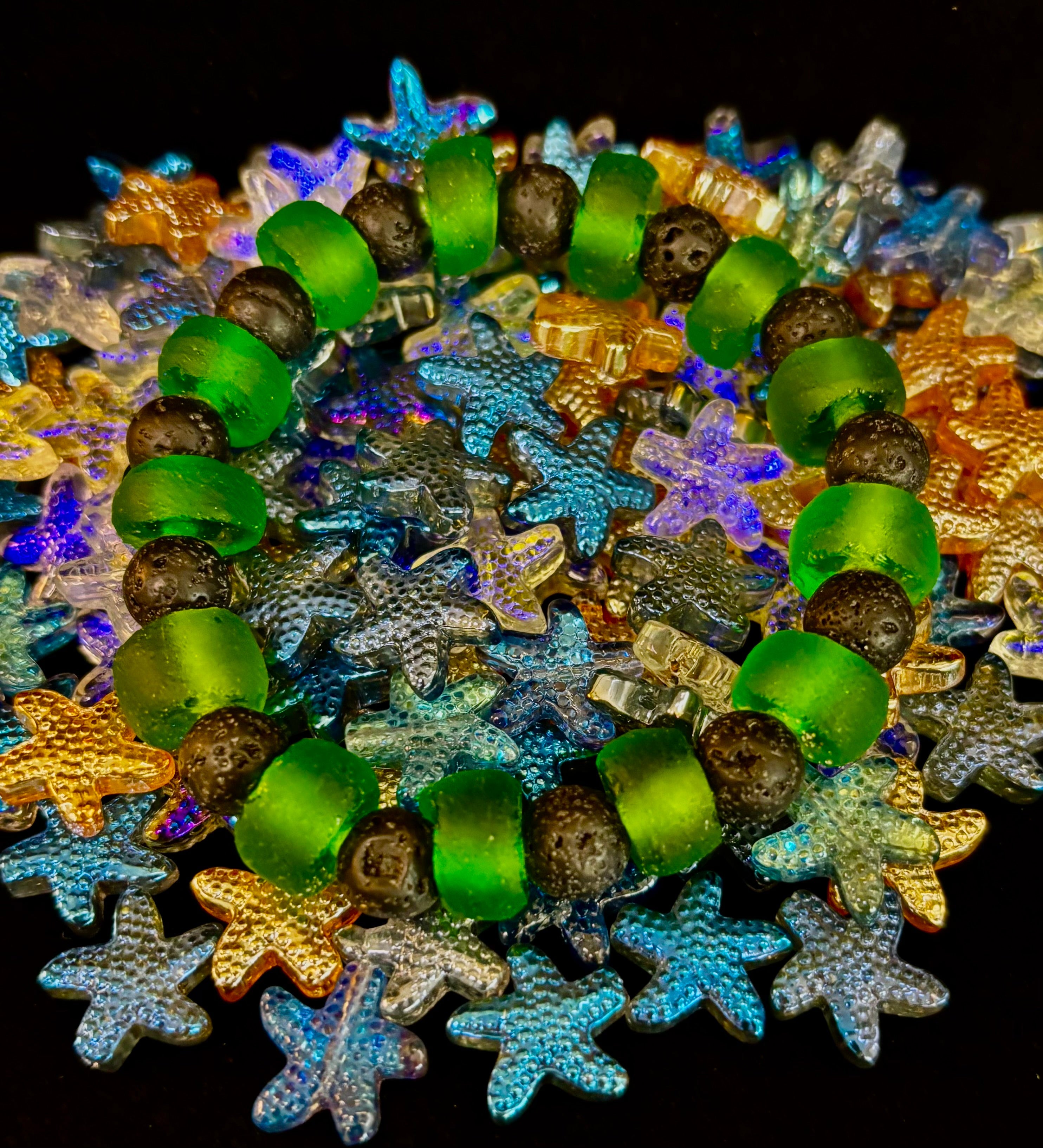 Deep Green Serenity - Recycled Glass & Lava Stone Stretch Bracelet