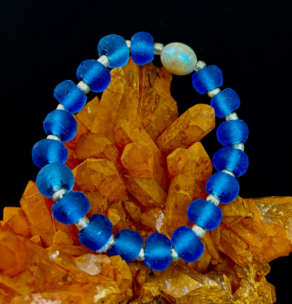 Moonlit Tide Bracelet - African Fused Glass & Freshwater Pearl Stretch Bracelet