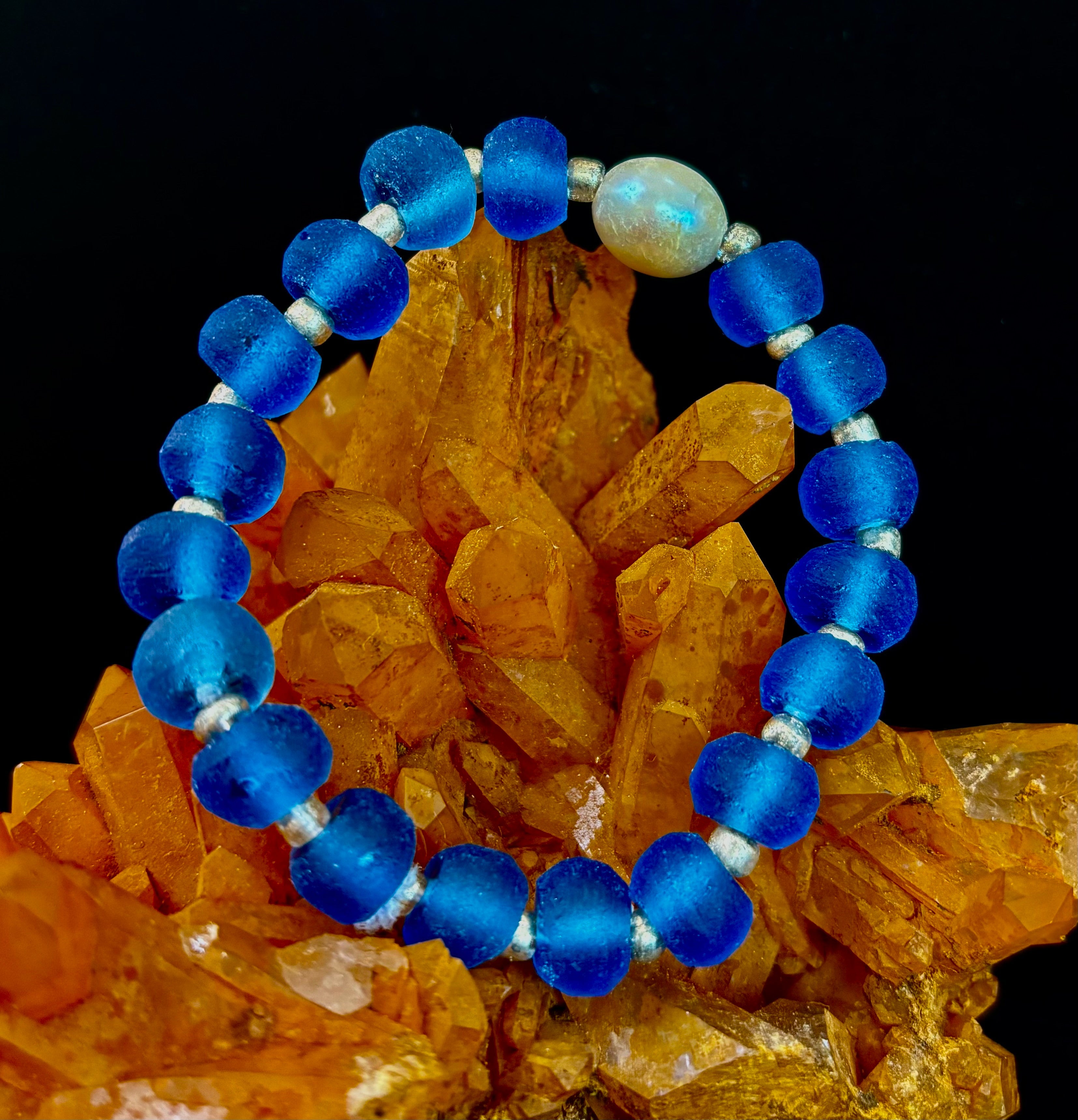 Moonlit Tide Bracelet - African Fused Glass & Freshwater Pearl Stretch Bracelet