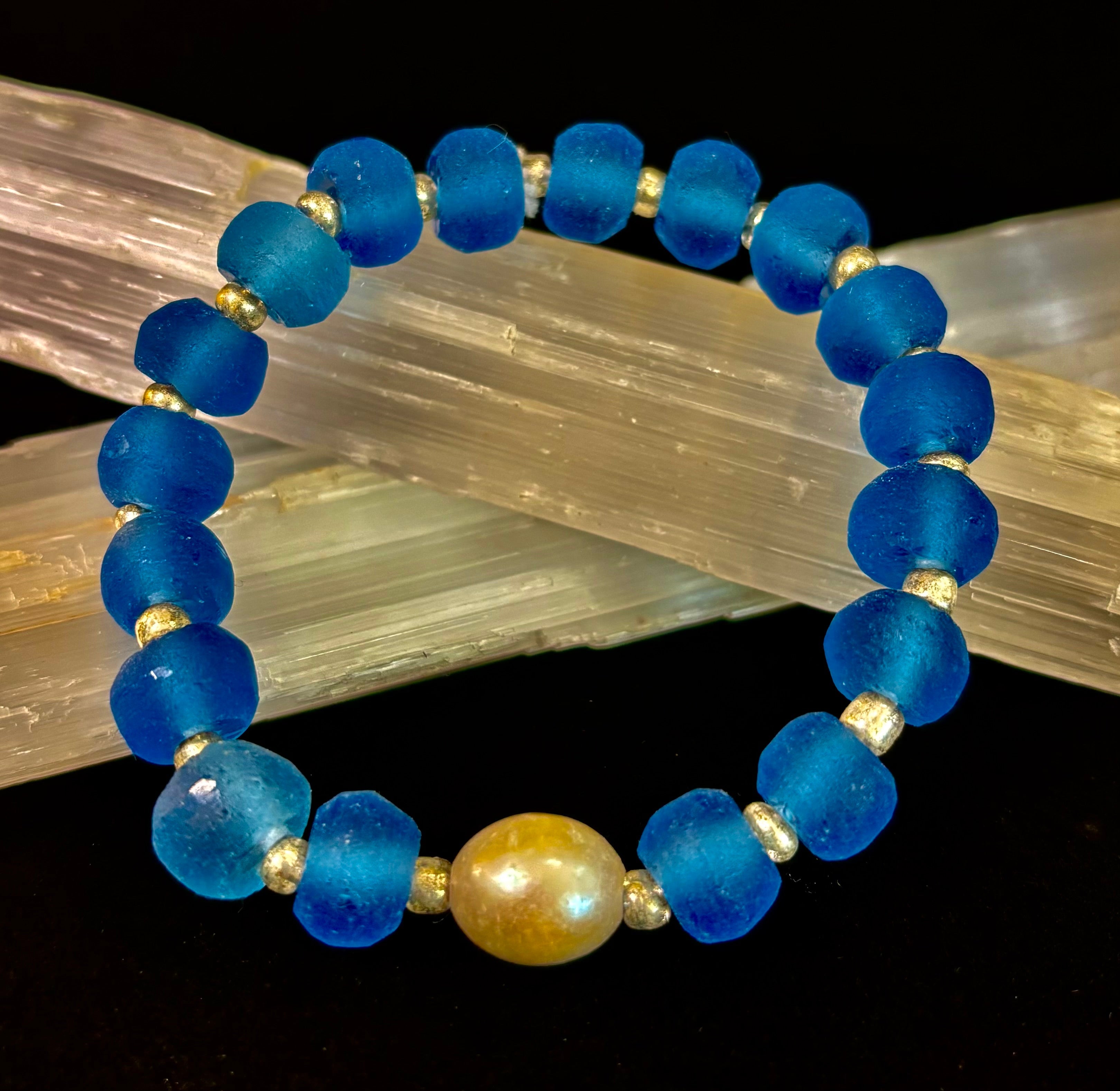 Moonlit Tide Bracelet - African Fused Glass & Freshwater Pearl Stretch Bracelet