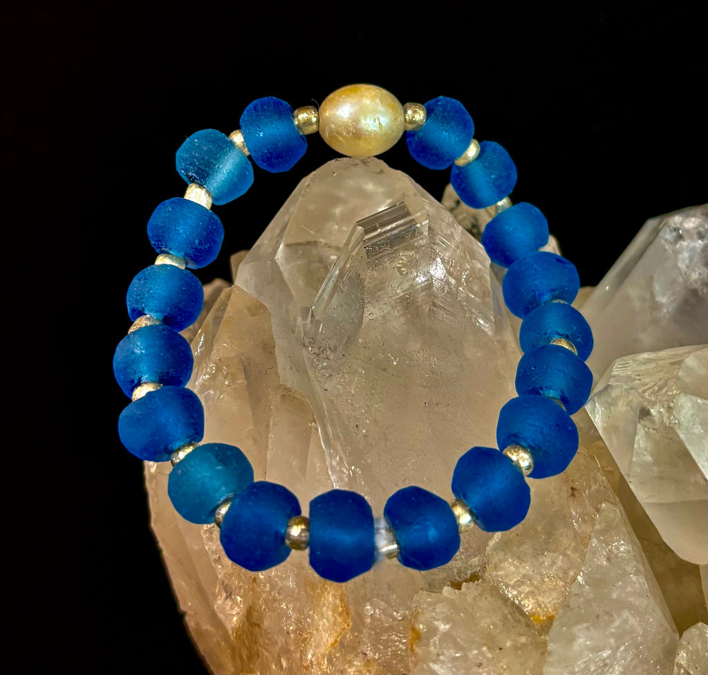 Moonlit Tide Bracelet - African Fused Glass & Freshwater Pearl Stretch Bracelet