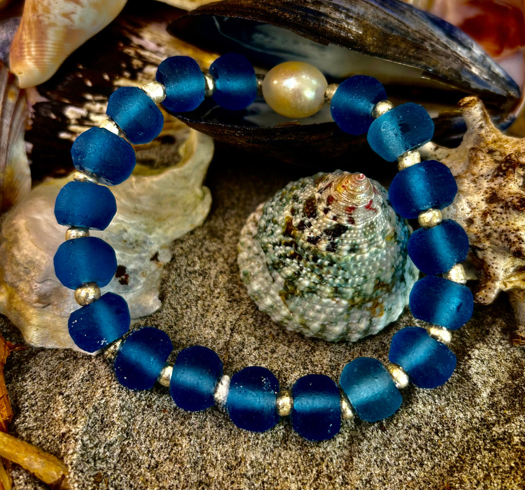Moonlit Tide Bracelet - African Fused Glass & Freshwater Pearl Stretch Bracelet