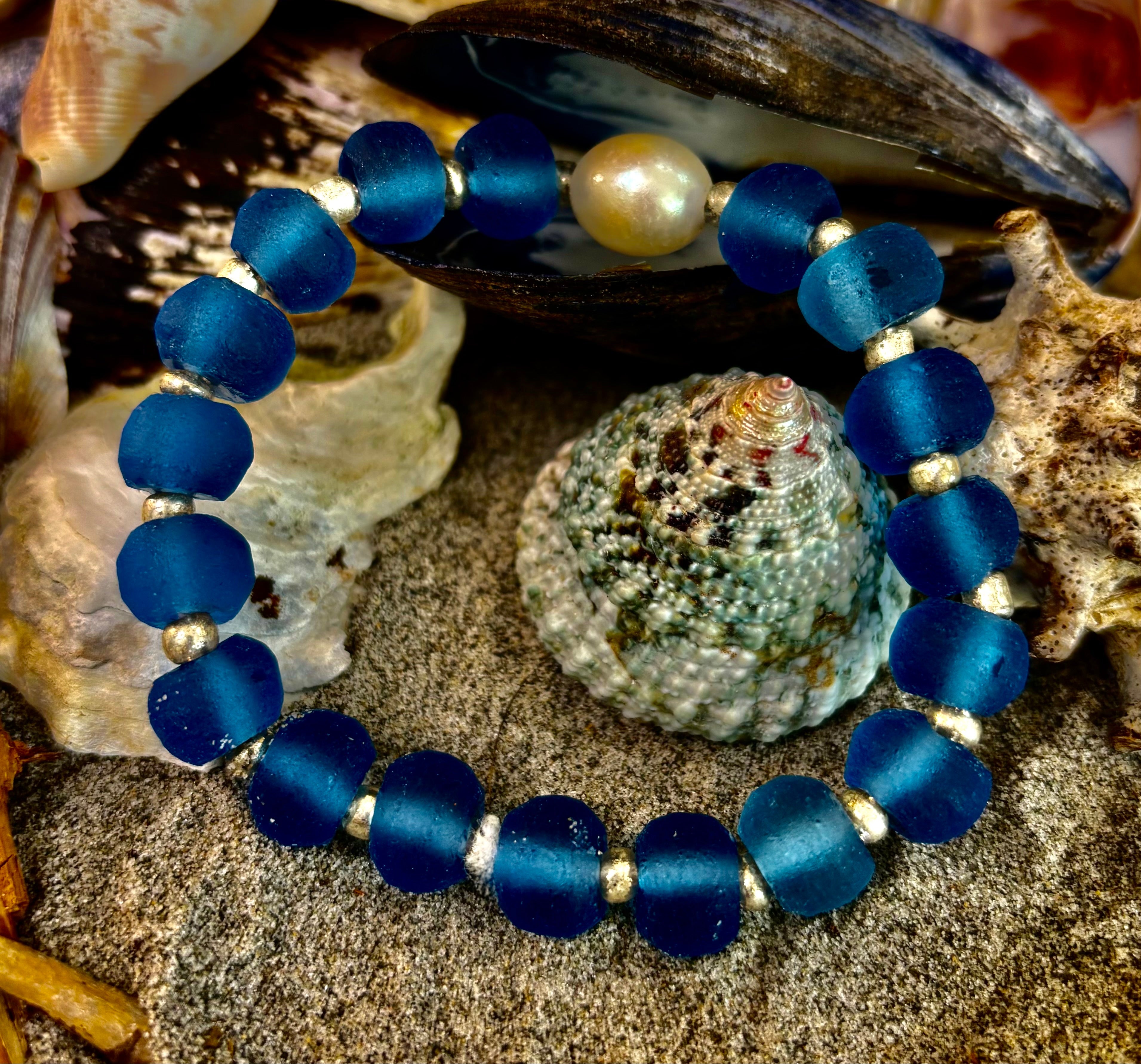 Moonlit Tide Bracelet - African Fused Glass & Freshwater Pearl Stretch Bracelet