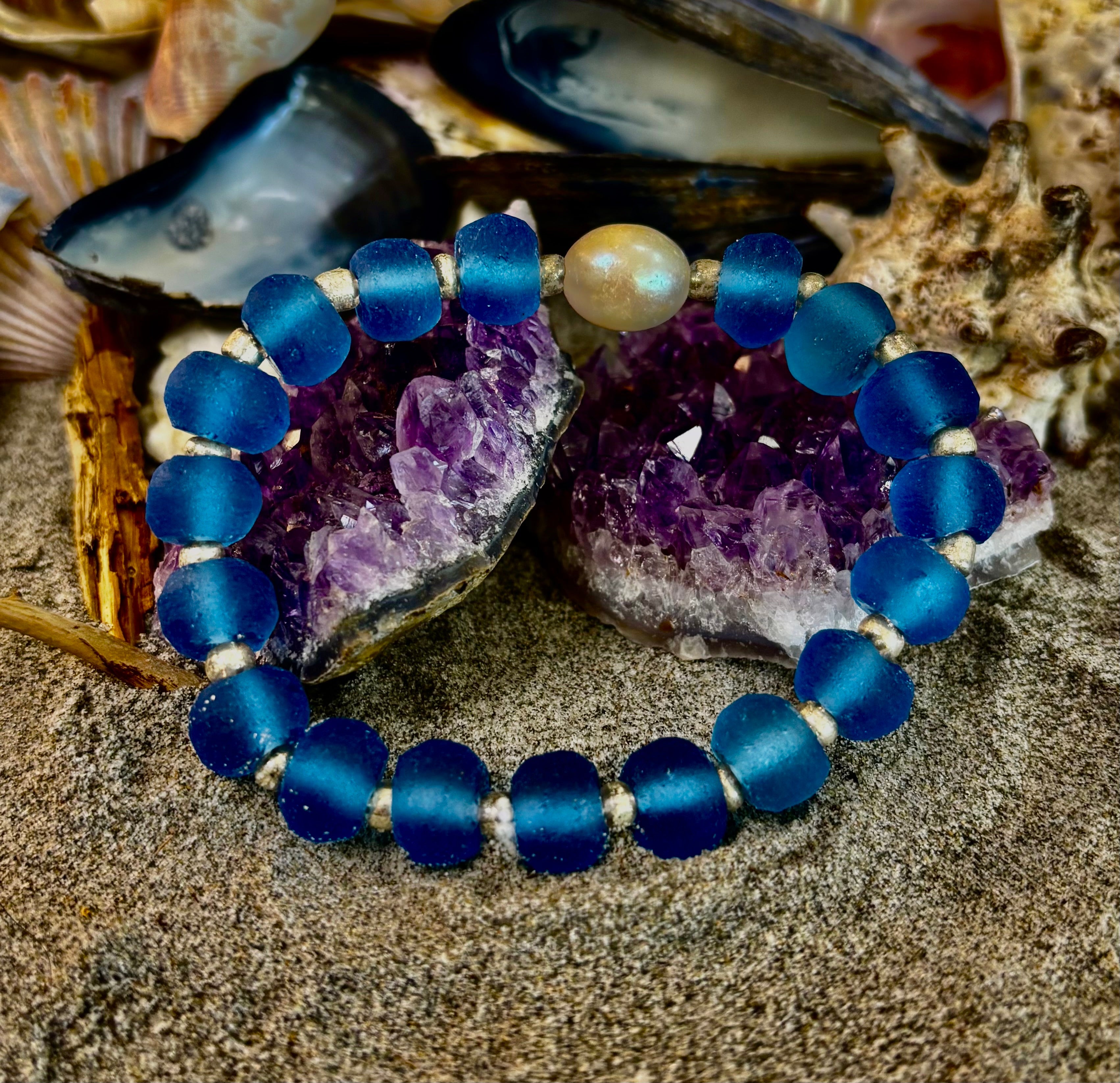Moonlit Tide Bracelet - African Fused Glass & Freshwater Pearl Stretch Bracelet