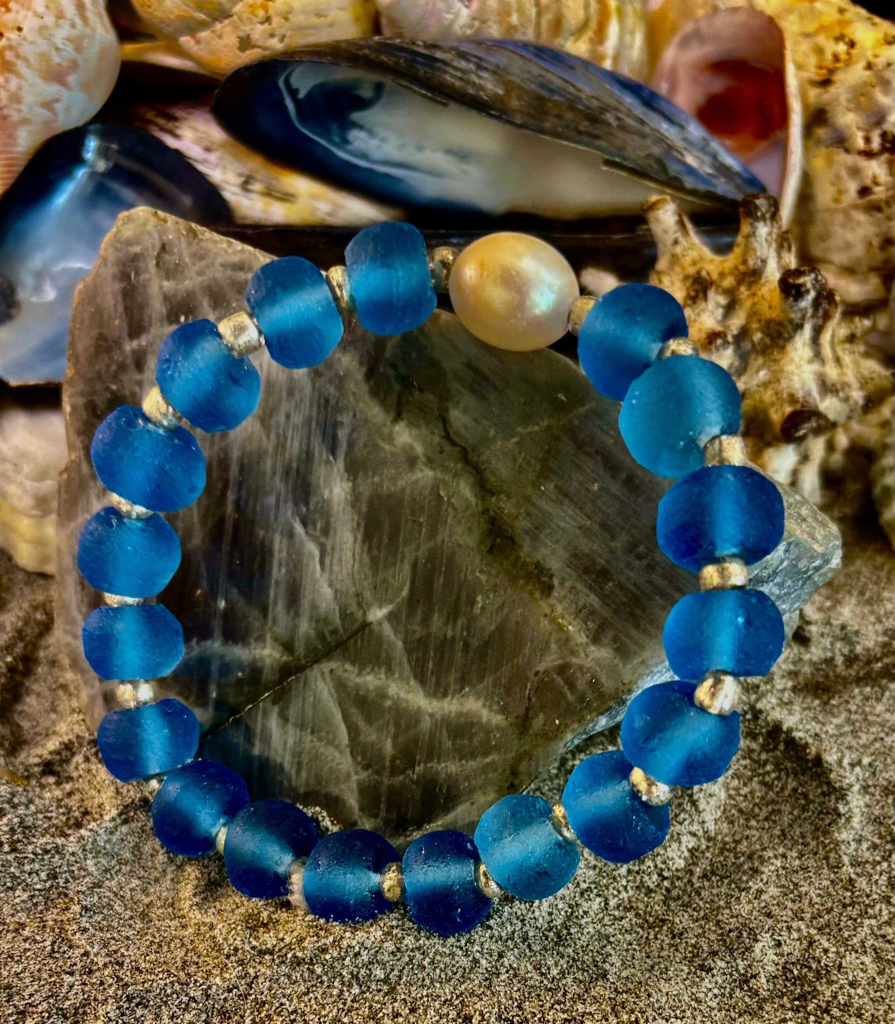 Moonlit Tide Bracelet - African Fused Glass & Freshwater Pearl Stretch Bracelet