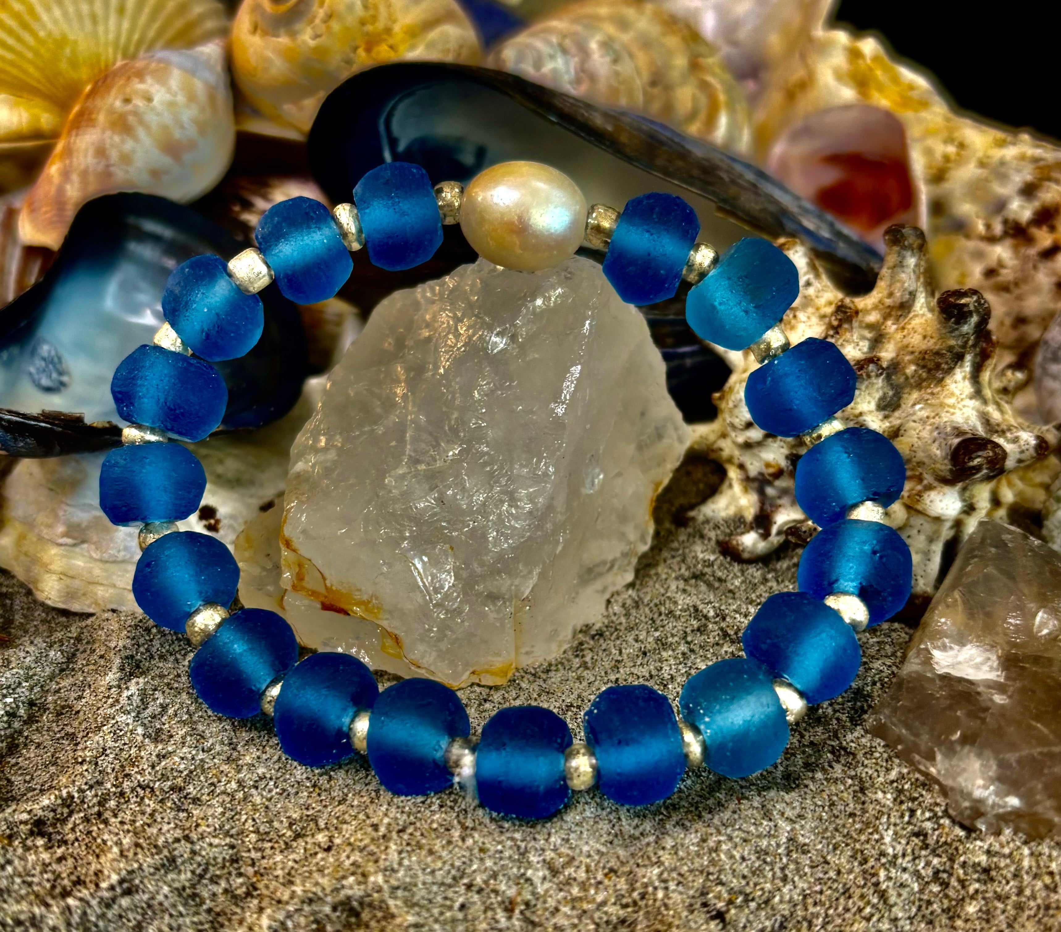 Moonlit Tide Bracelet - African Fused Glass & Freshwater Pearl Stretch Bracelet