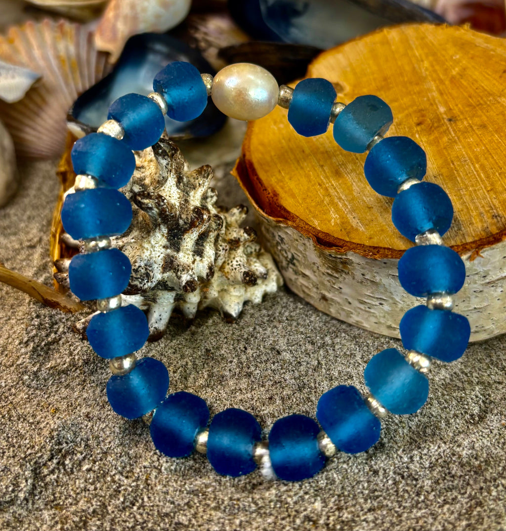 Moonlit Tide Bracelet - African Fused Glass & Freshwater Pearl Stretch Bracelet