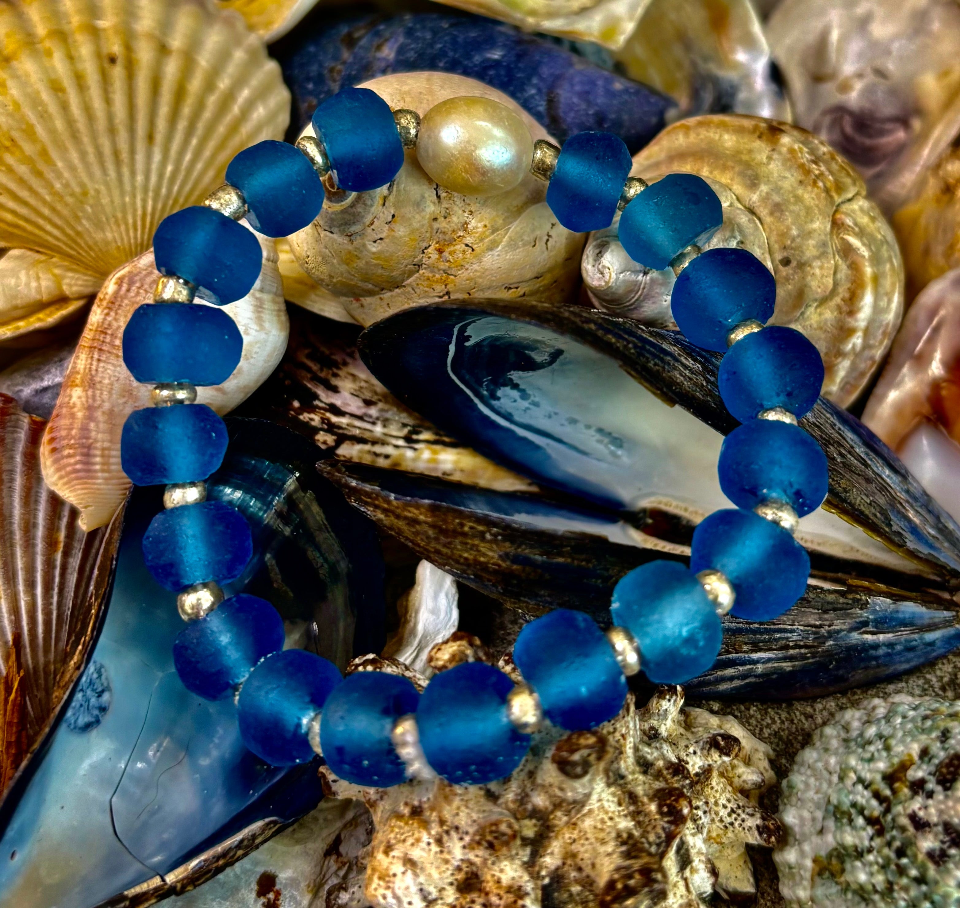 Moonlit Tide Bracelet - African Fused Glass & Freshwater Pearl Stretch Bracelet